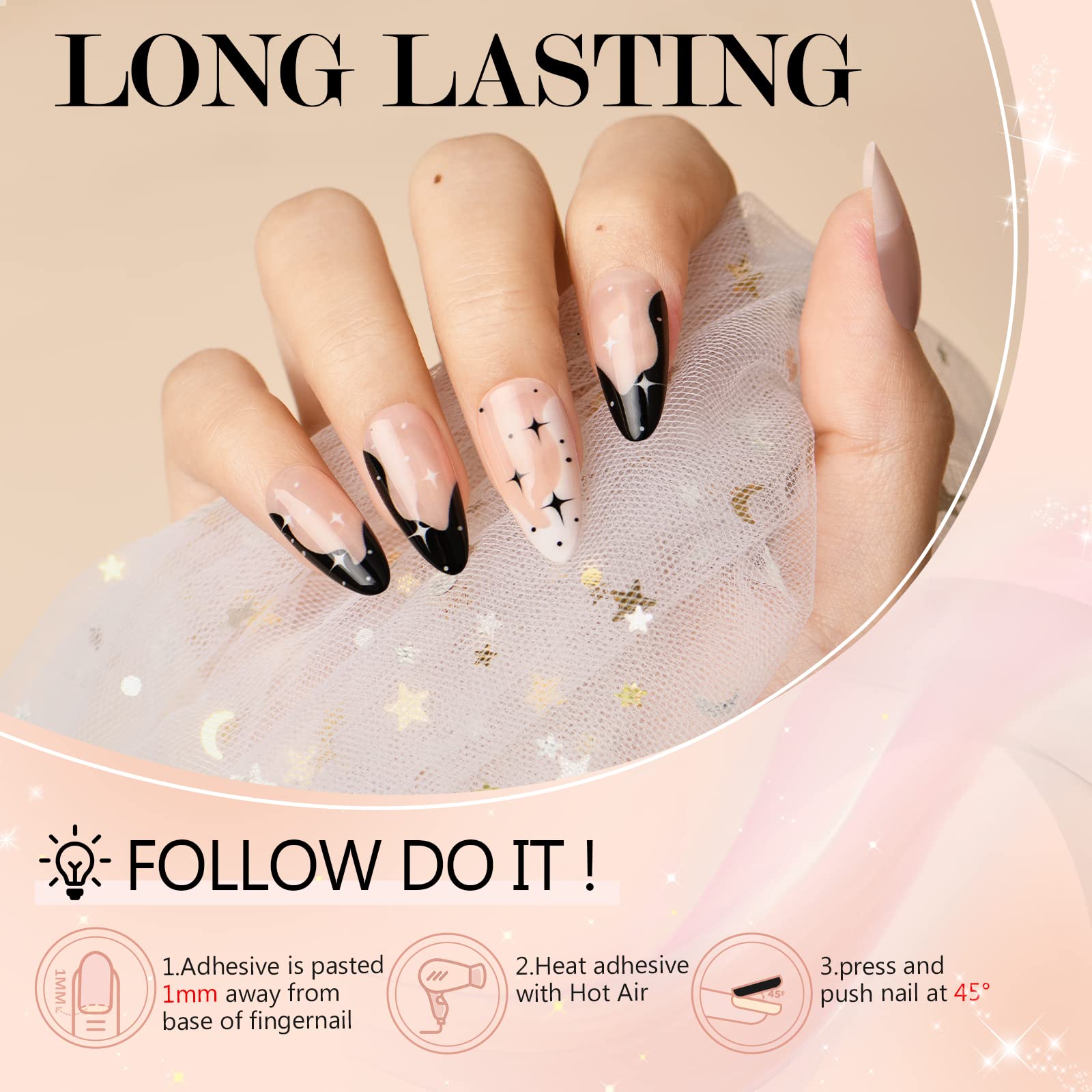 Glamermaid Black Press on Nails - Medium Almond Shape, Gothic Eyes & Dark Moon Design, Emo Crush Fake Nails for Women | Reusable Acrylic Nail Tips with Glue | Perfect for Halloween, Gothic Parties, and Dark Aesthetic Nail Art