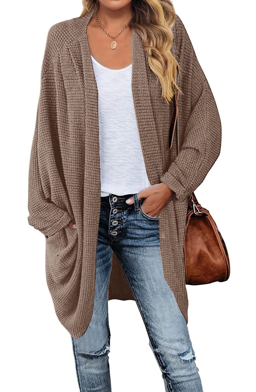 SYZRI Women's Waffle Knit Batwing Long Sleeve Cardigan - Oversized Open Front Sweater with Pockets | Cozy Fall & Winter Layering Piece for Casual Outfits, Office Wear and Coffee Dates