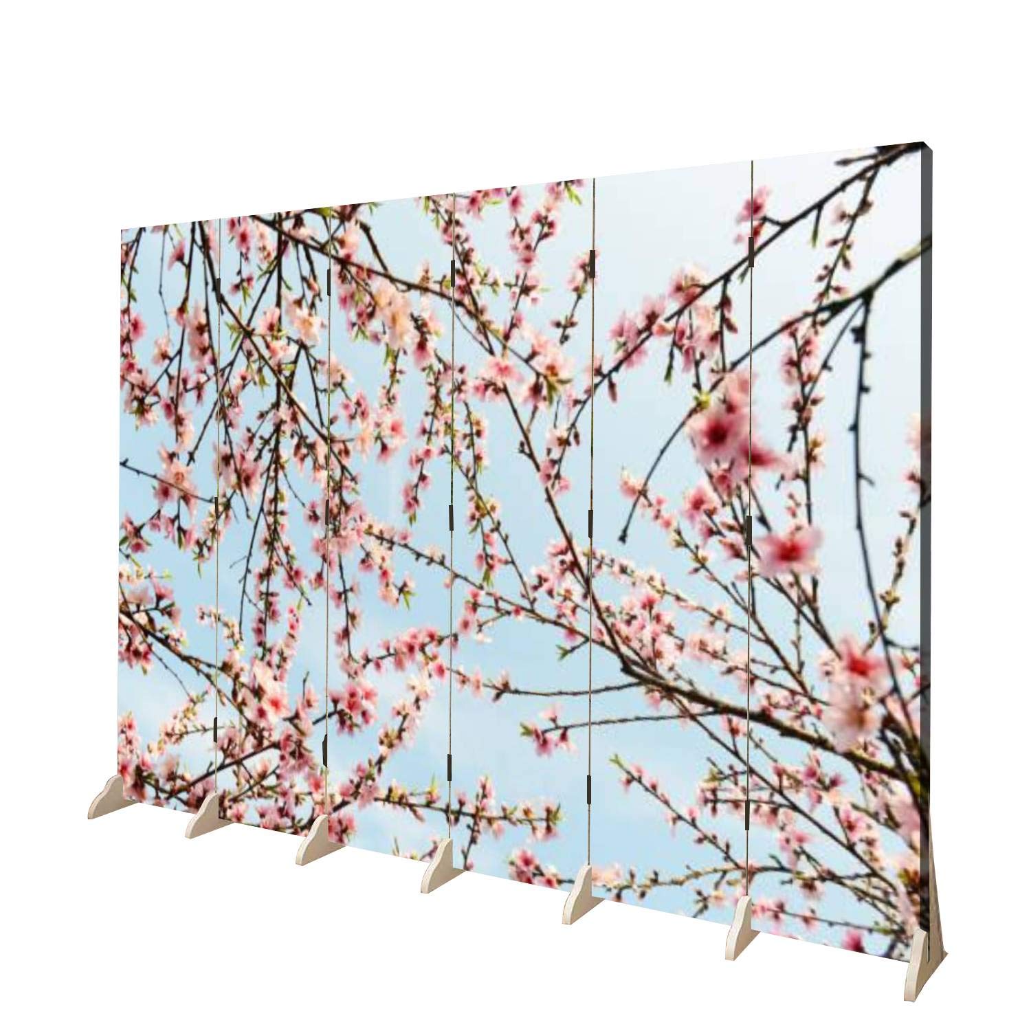 6-Panel Wooden Folding Room Divider - Peach Blossom Mountain Landscape Canvas Privacy Screen - Dual-Sided Partition for Home & Office Decor | Perfect for Living Room, Bedroom, and Studio Spaces