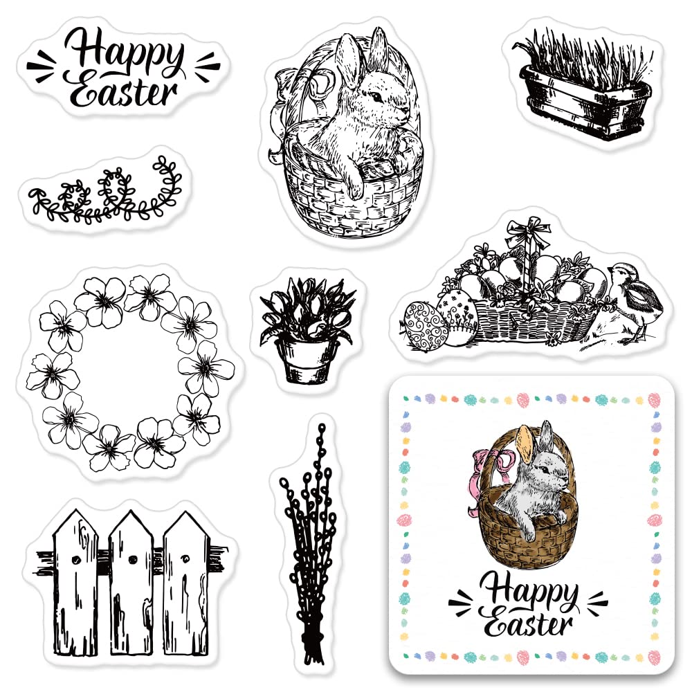 Happy Easter Bunny Clear Stamps Set - DIY Easter Card Making, Scrapbooking, Paper Crafts - Includes Basket, Eggs, Wreath, Branch & Tulip Designs - Perfect for Holiday Greeting Cards, Album Decorations & Spring Craft Projects