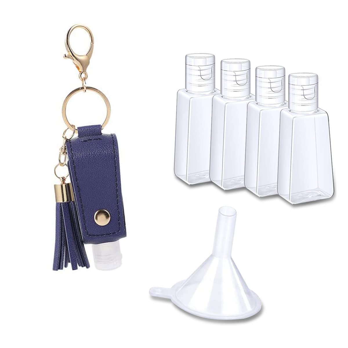 5 Pack 30ml/1oz Hand Sanitizer Keychain Bottles with PU Leather Tassels - Reusable Squeeze Bottles for Sanitizer, Shampoo, Conditioner & Body Wash - Includes Plastic Funnel - Portable Travel Essentials (Blue)