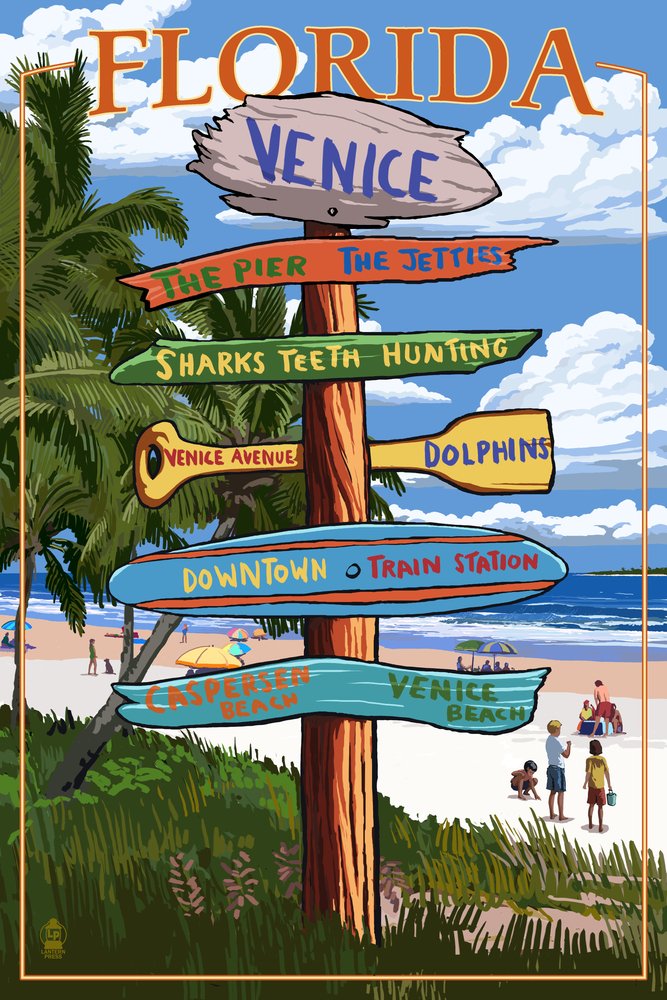 Lantern Press Venice Florida Sign Post - 12x18 Wall Art Poster for Home & Office Decor - Perfect for Living Room, Bedroom, or Gift