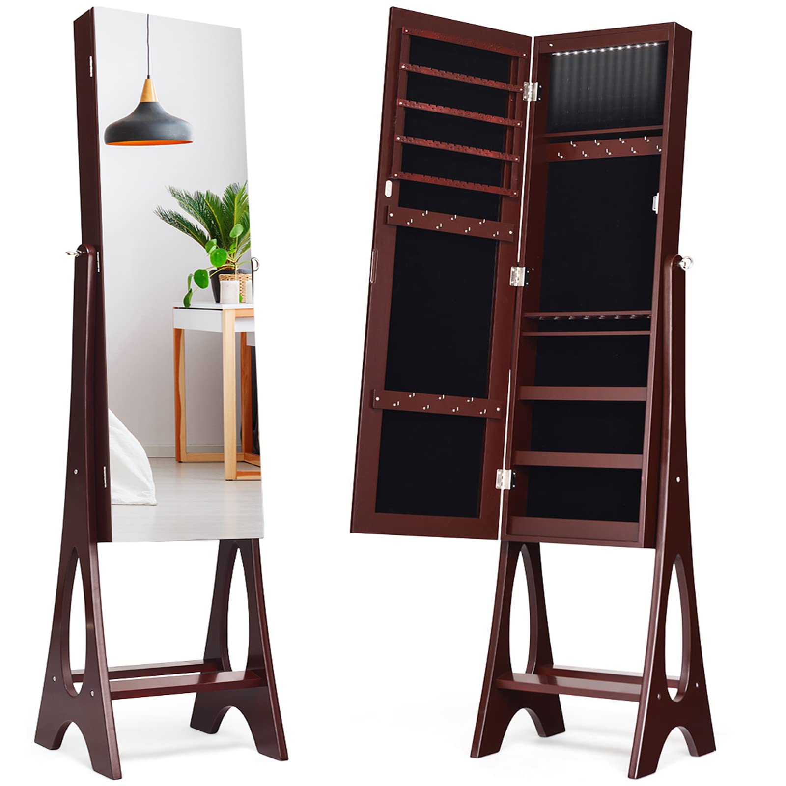 Giantex 12 LED Jewelry Armoire Cabinet with Frameless Full-Length Mirror - Standing Jewelry Organizer with 16 Lipstick Holders & Large Storage - 3 Angle Adjustable Brown Jewelry Cabinet for Bedroom, Dressing Room & Closet Organization