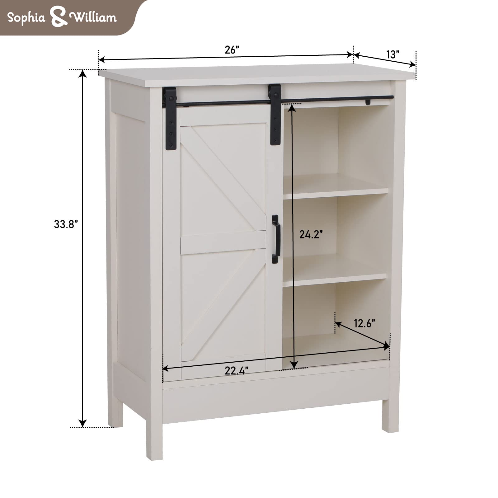 Sophia & William Farmhouse Bathroom Storage Cabinet with Sliding Barn Door - Free Standing Floor Cabinet for Kitchen, Bathroom or Entryway - Ivory Storage Organizer for Towels, Linens and Home Essentials