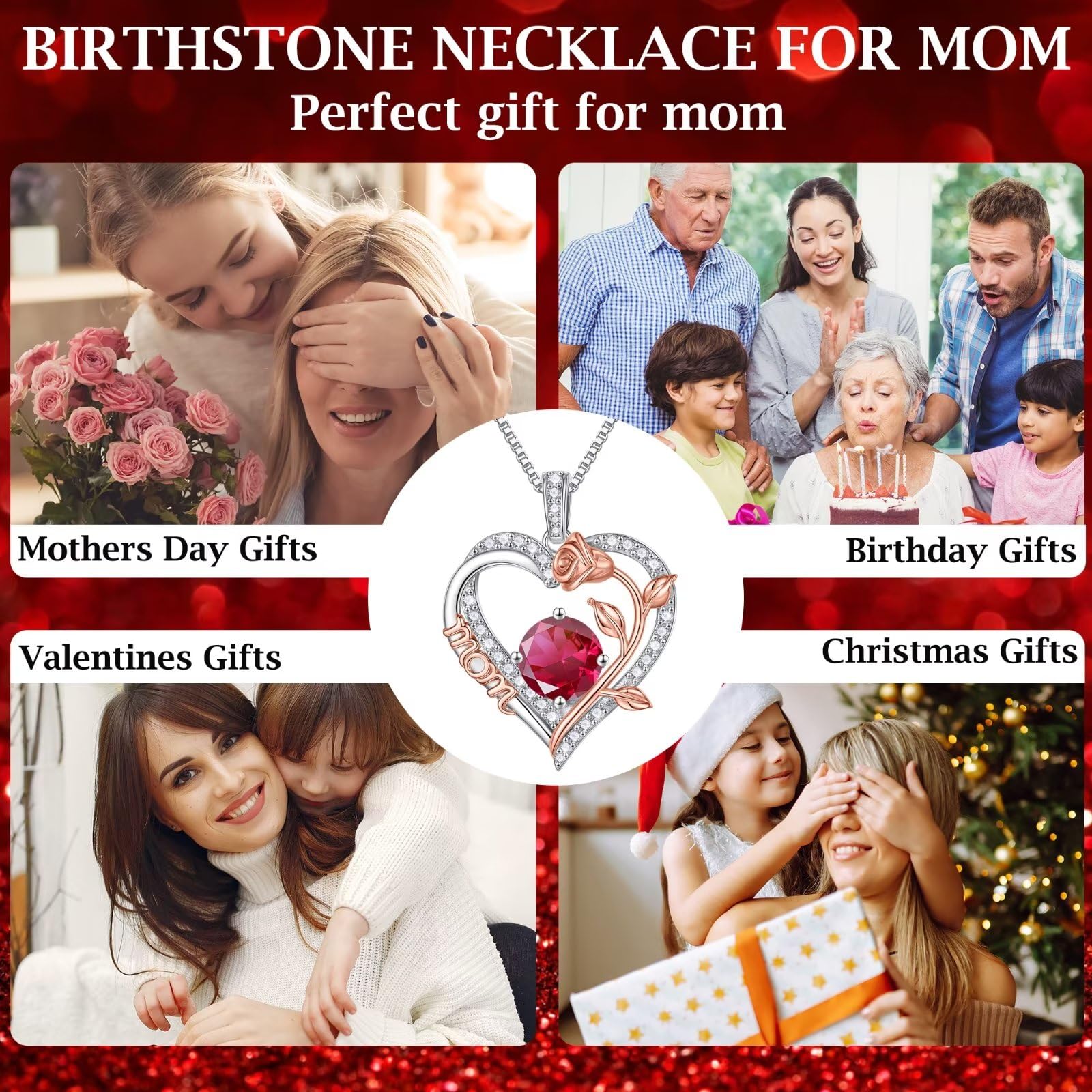 Rose Heart Birthstone Necklace for Mom - 925 Sterling Silver Pendant Jewelry | Mother's Day, Birthday Gift for Women | Perfect for Valentine's Day, Anniversary & Special Occasions