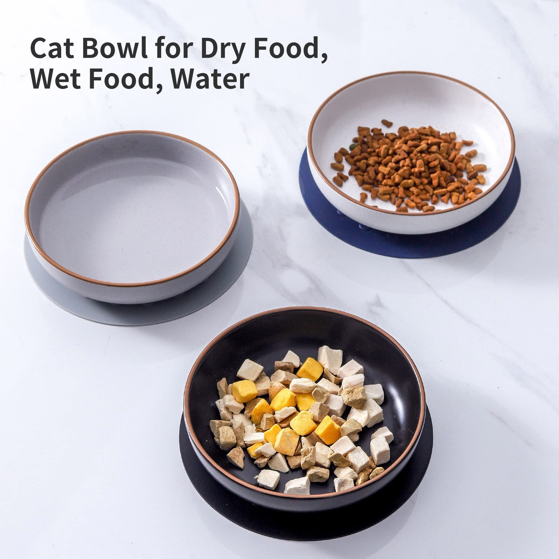 Howise 6 Inch Ceramic Cat Bowls with Non-Slip Mat - 3 Piece Cat Food and Water Dish Set - Wide Shallow Design for Whisker Fatigue Relief - Perfect for Kittens and Adult Cats - Ideal for Home, Kitchen or Pet Feeding Station (White)