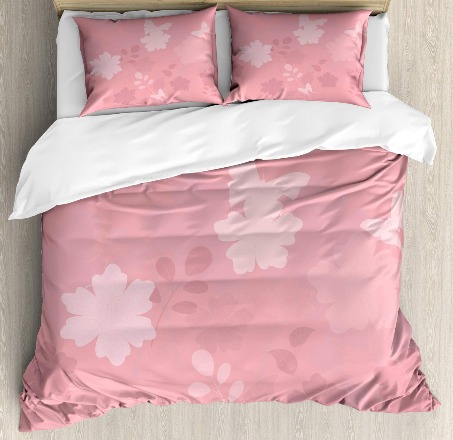 Ambesonne Rose Duvet Cover Set - Dreamy Fantasy Spring Nature Design with Flourish Ornament & Butterflies | 2-Pack California King Size Bedding Set (2 Duvet Covers + 4 Pillowcases) in Pale Rose | Perfect for Master Bedroom, Guest Room & Spring Home Decor