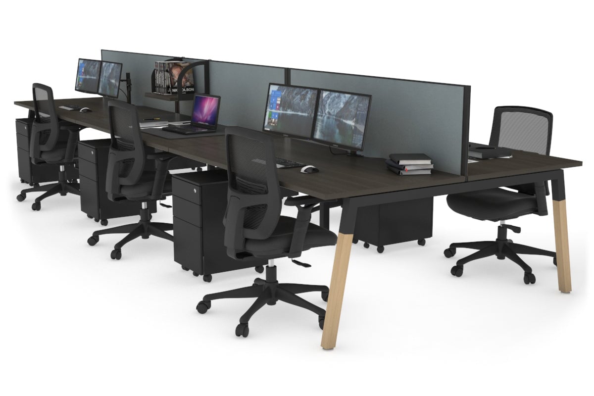 6-Person Office Workstation with Quadro A Legs & Wood Cross Beam - 1200L x 800W Cable Management Desk for Collaborative Workspaces