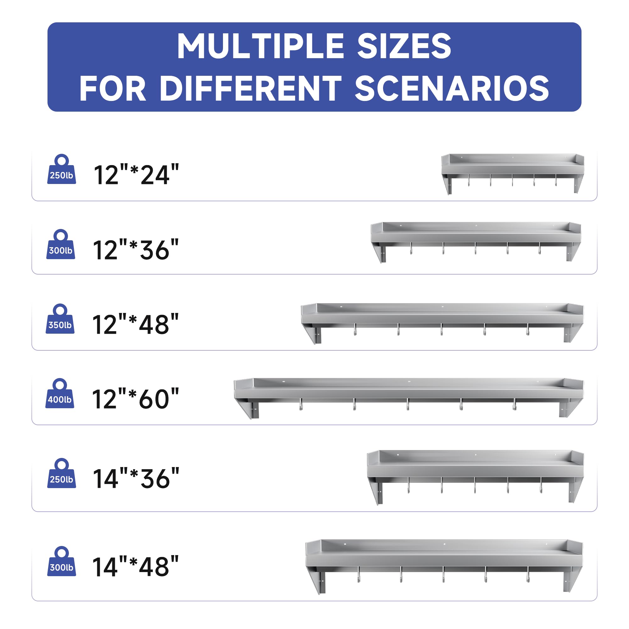 Stainless Steel Wall Shelf 36x14 Inch - Heavy Duty Metal Floating Shelf with 5 Hooks for Kitchen, Bathroom, Laundry Room - Wall Mounted Storage Rack for Pots, Spices, Towels - Perfect for Home, Restaurant, Bar & Food Truck Organization