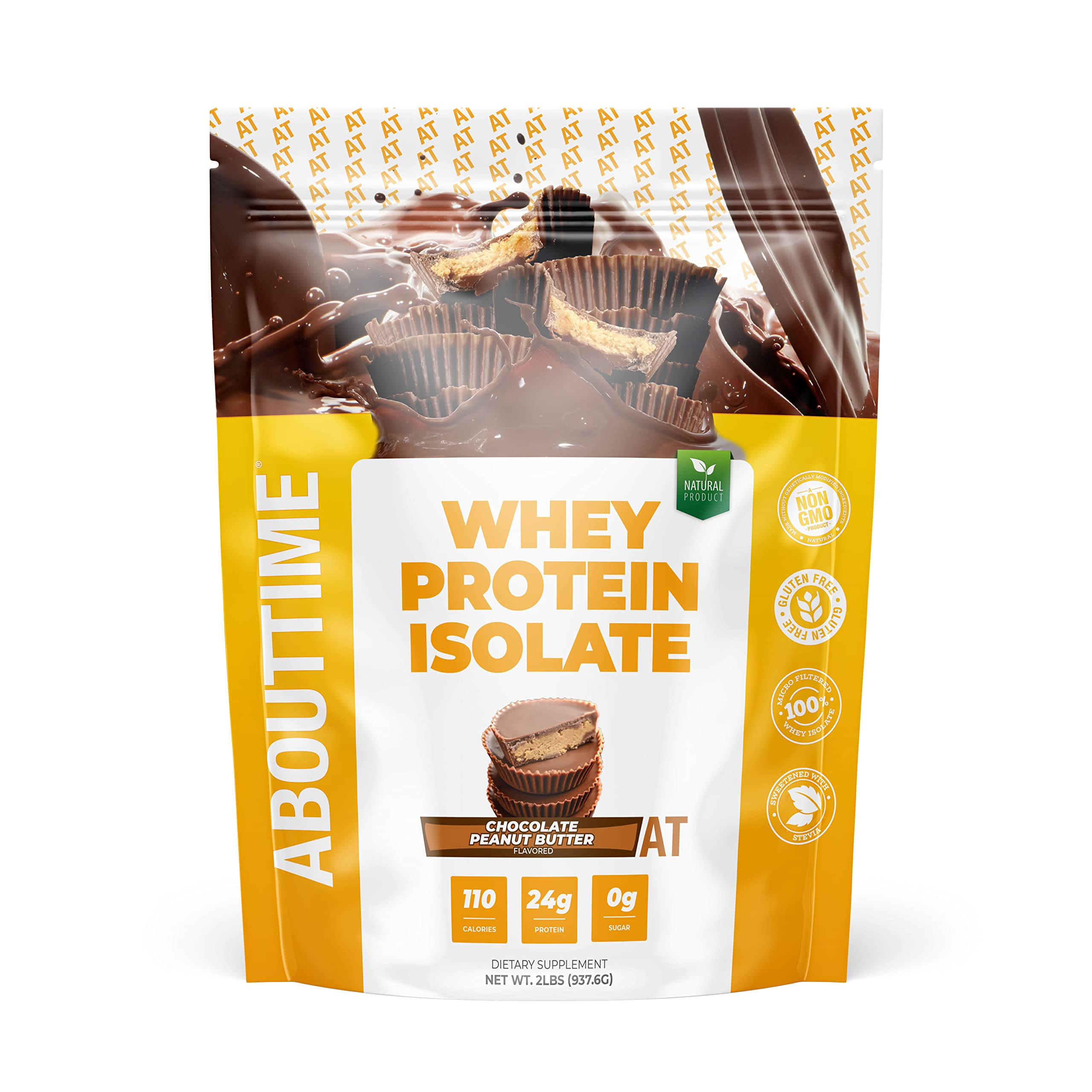 About Time Whey Protein Isolate Chocolate Peanut Butter 2lb - 25g Protein per Serving, Non-GMO, 0g Fat & Sugar, No Artificial Sweeteners, 32 Servings for Muscle Recovery & Post-Workout Nutrition