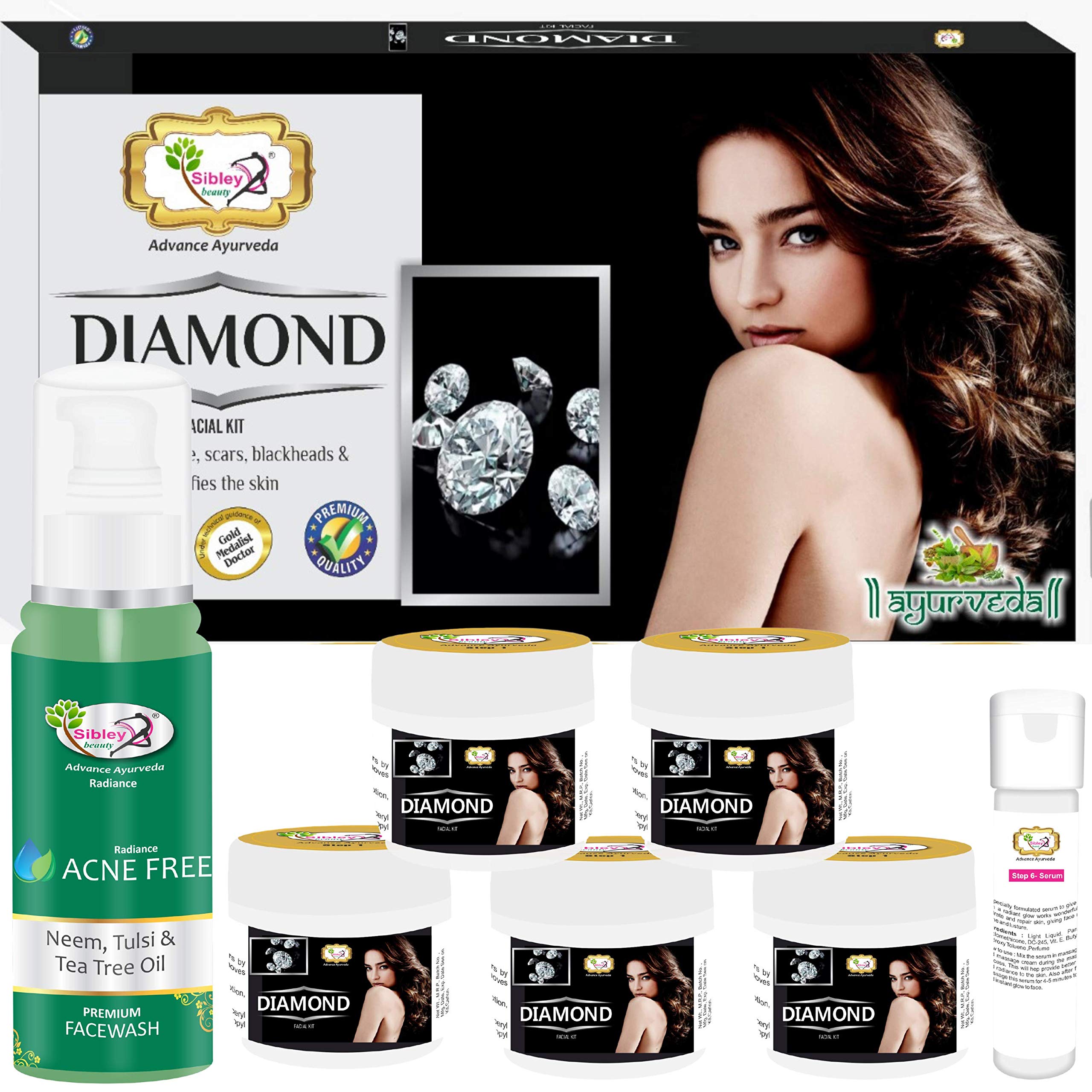 **Sibley Beauty Diamond Facial Kit & Neem Tulsi Tea Tree Oil Acne Face Wash Combo – 6-Pack (155g + 10ml Serum) + 100ml Face Wash – For Oily, Dry, Normal & Combination Skin – Men, Women, Boys & Girls – Deep Cleansing & Acne Control for Daily Skincare Routine**