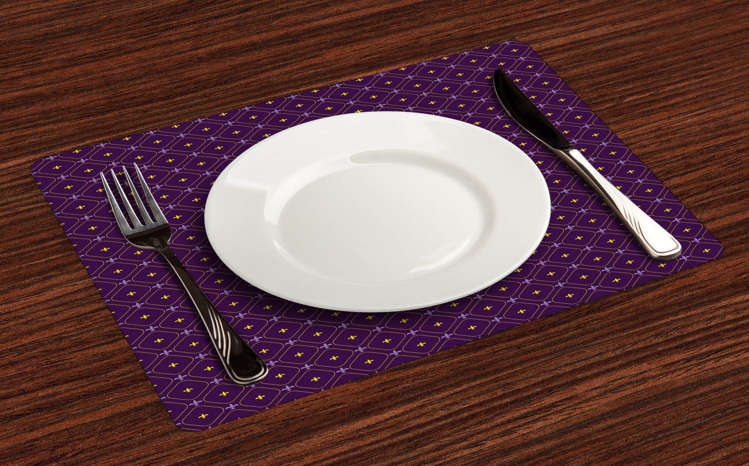 Lunarable Fleur De Lis Place Mats Set of 4 - Vintage French Lily Table Mats for Dining, Washable Fabric Placemats, Standard Size (Purple & Yellow) - Perfect for Mardi Gras Parties, French-Themed Dinners & Elegant Home Decor
