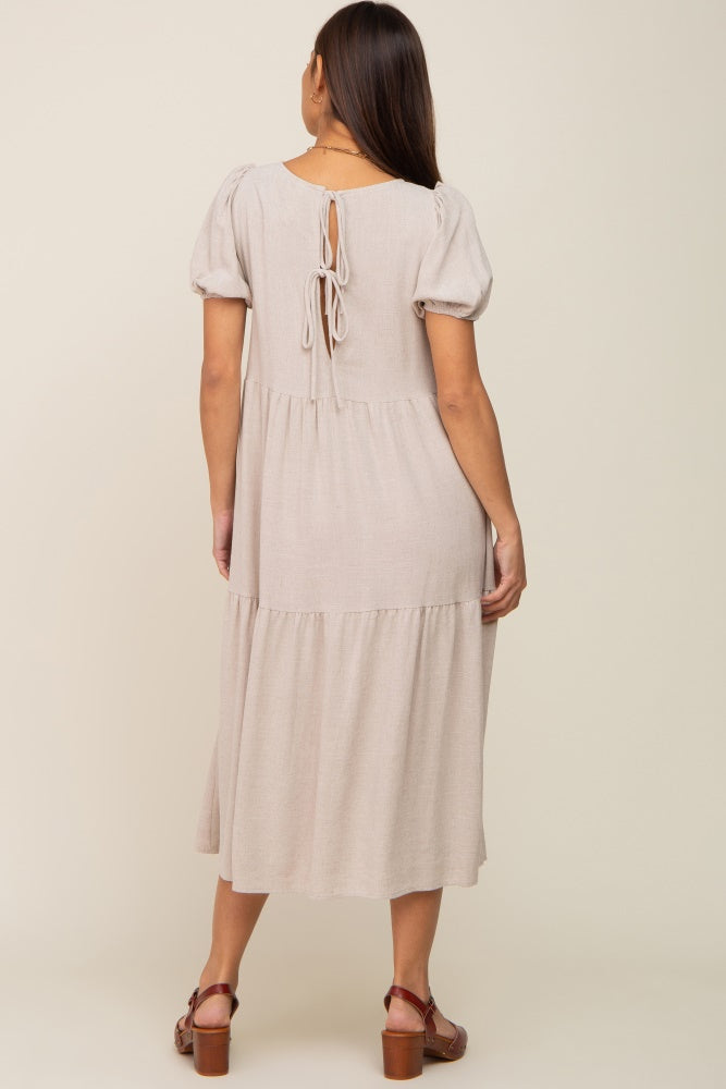 Beige Linen Maternity Dress Short Sleeve Tiered Back Tie Midi Dress for Pregnancy - Perfect for Baby Showers, Maternity Photos & Summer Outfits