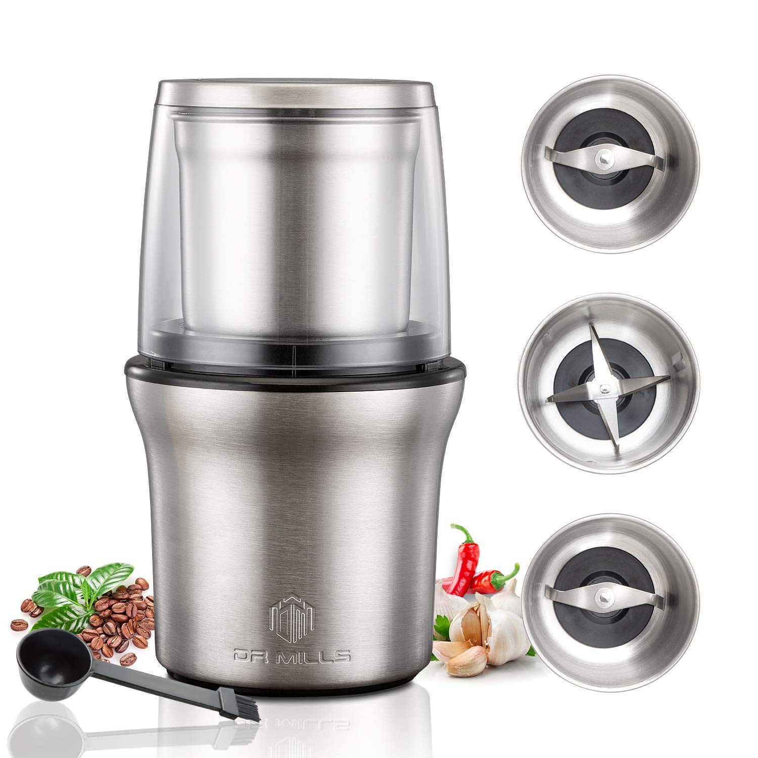DR MILLS DM-7412N Electric Spice & Coffee Grinder with Dry & Wet Grinding Cups - Perfect for Freshly Ground Coffee, Spices, Nuts, and Baby Food at Home or Commercial Kitchens