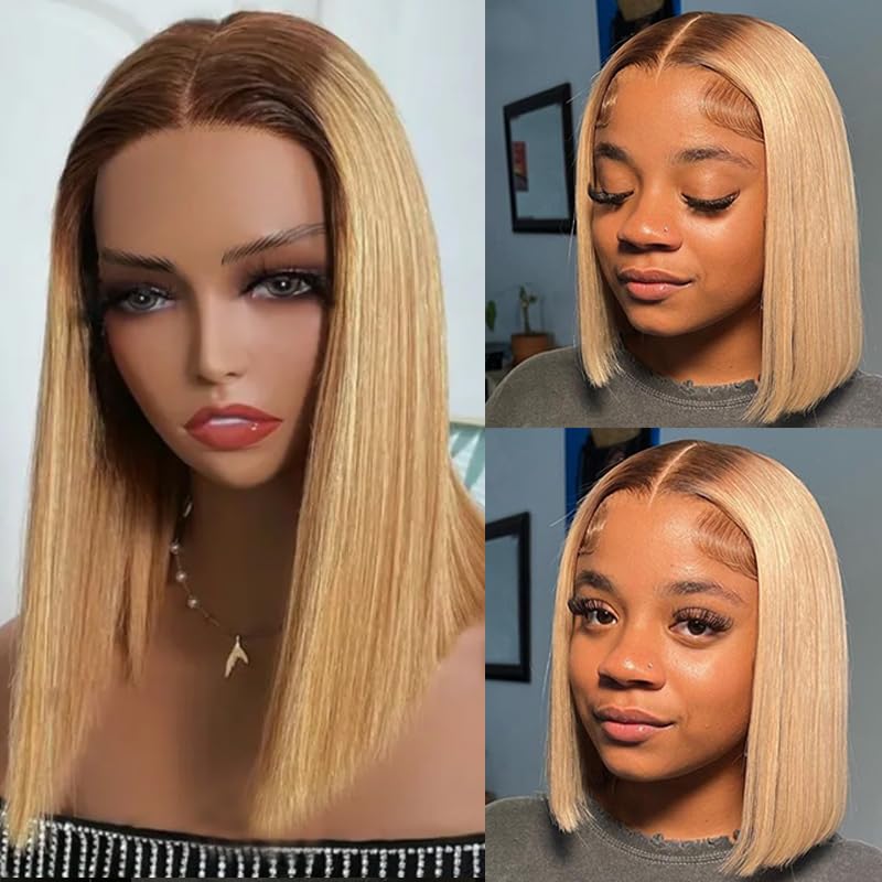 13x4 HD Transparent Lace Front Wig - 100% Human Hair Glueless Bob Wig with Ombre Honey Blonde Highlights, Pre-Plucked Hairline & Baby Hair | Wear & Go Short Bob Wigs for Women (#4/27) | Perfect for Daily Wear, Parties, Cosplay & Special Occasions