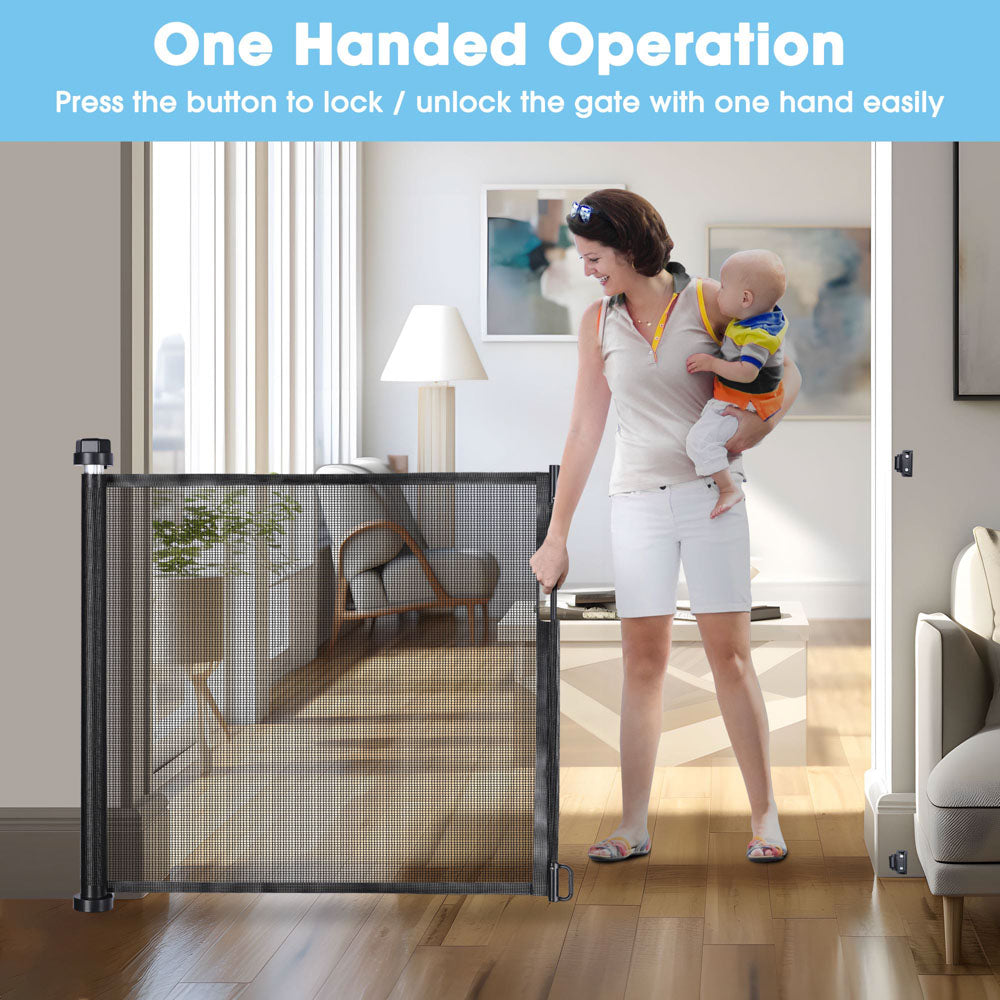 TheLAShop 71x33 Retractable Mesh Dog Gate - Adjustable Baby Safety Barrier for Doorways, Stairs & Hallways - Pet & Child Proof Home Protection