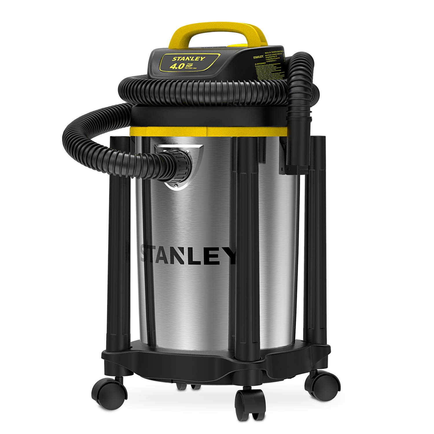 Stanley 4 Gallon Wet/Dry Vacuum Cleaner - 4 Peak HP Stainless Steel Shop Vac with Blower Function | Powerful 3-in-1 Design for Home, Garage, Car, Workshop & Pet Hair Cleaning | Durable Silver/Yellow/Black Design for Heavy-Duty Use in Construction, DIY Projects & Auto Detailing
