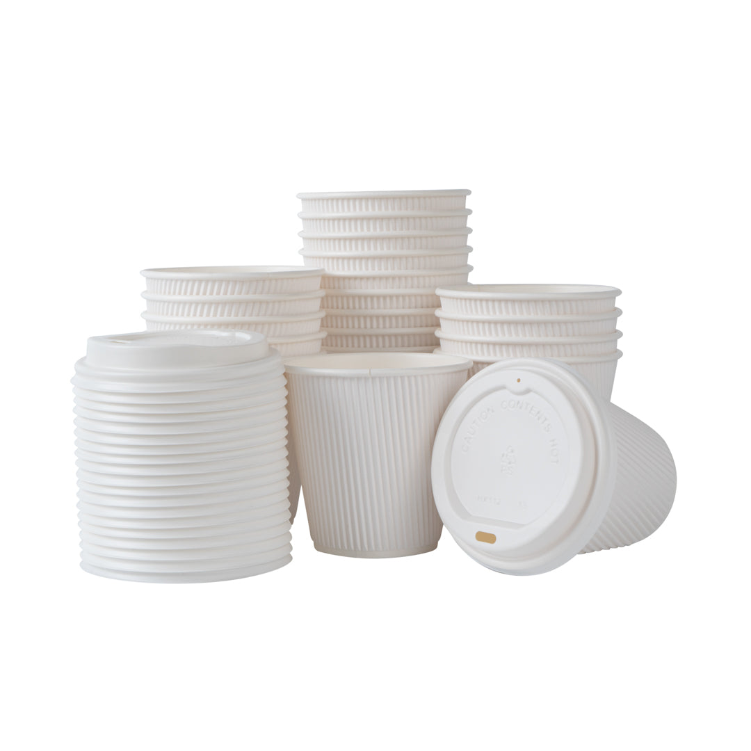 8 oz White Paper Ripple Wall Coffee Cups with White Lids - 3.5