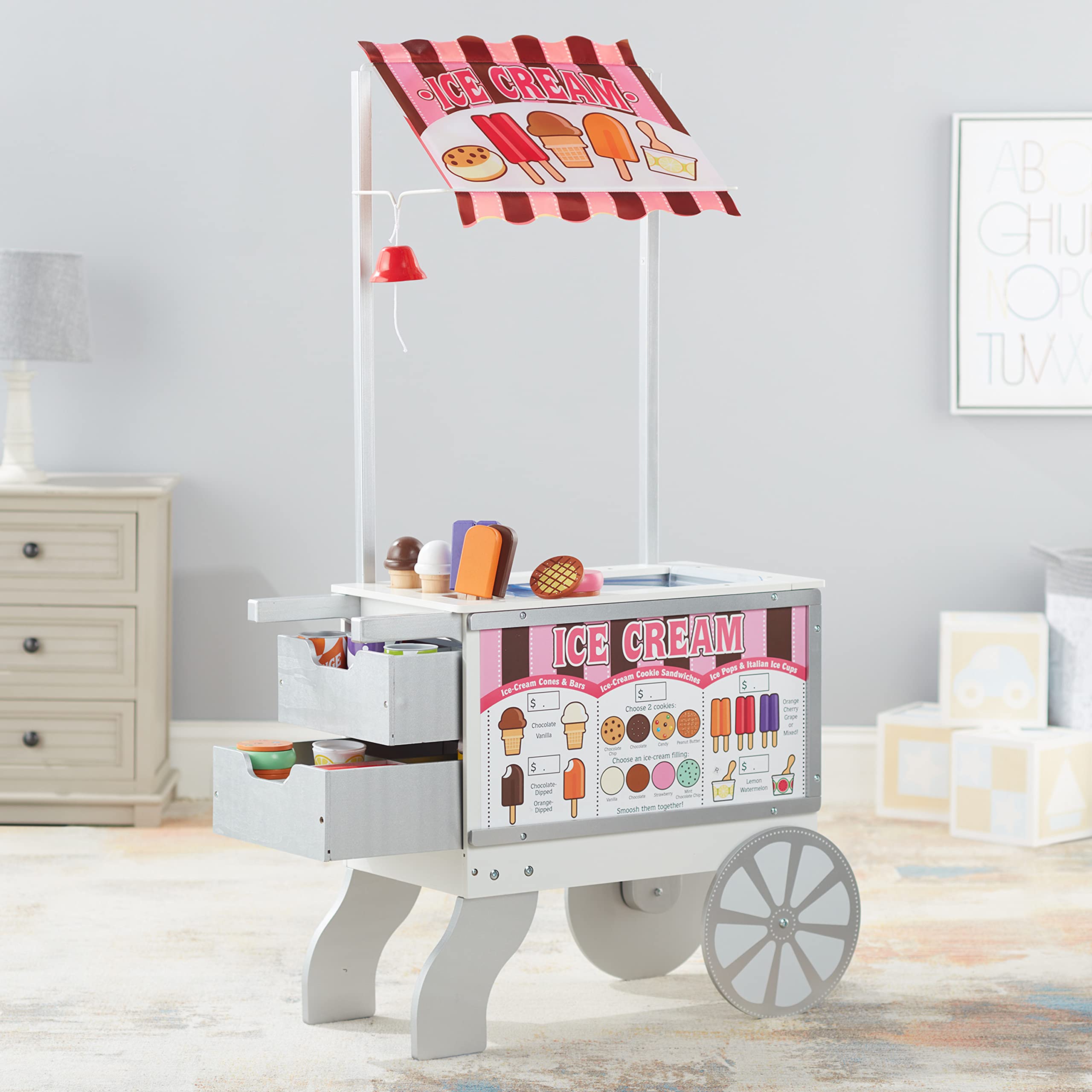 Melissa & Doug Wooden Pretend Play Food Cart with 40+ Pieces - Kids Snacks & Sweets Toy Set, Reversible Awning, Multi-Color Play Kitchen Accessories for Toddlers & Preschoolers - Perfect for Imaginative Play, Birthday Gifts & Daycare Learning Activities