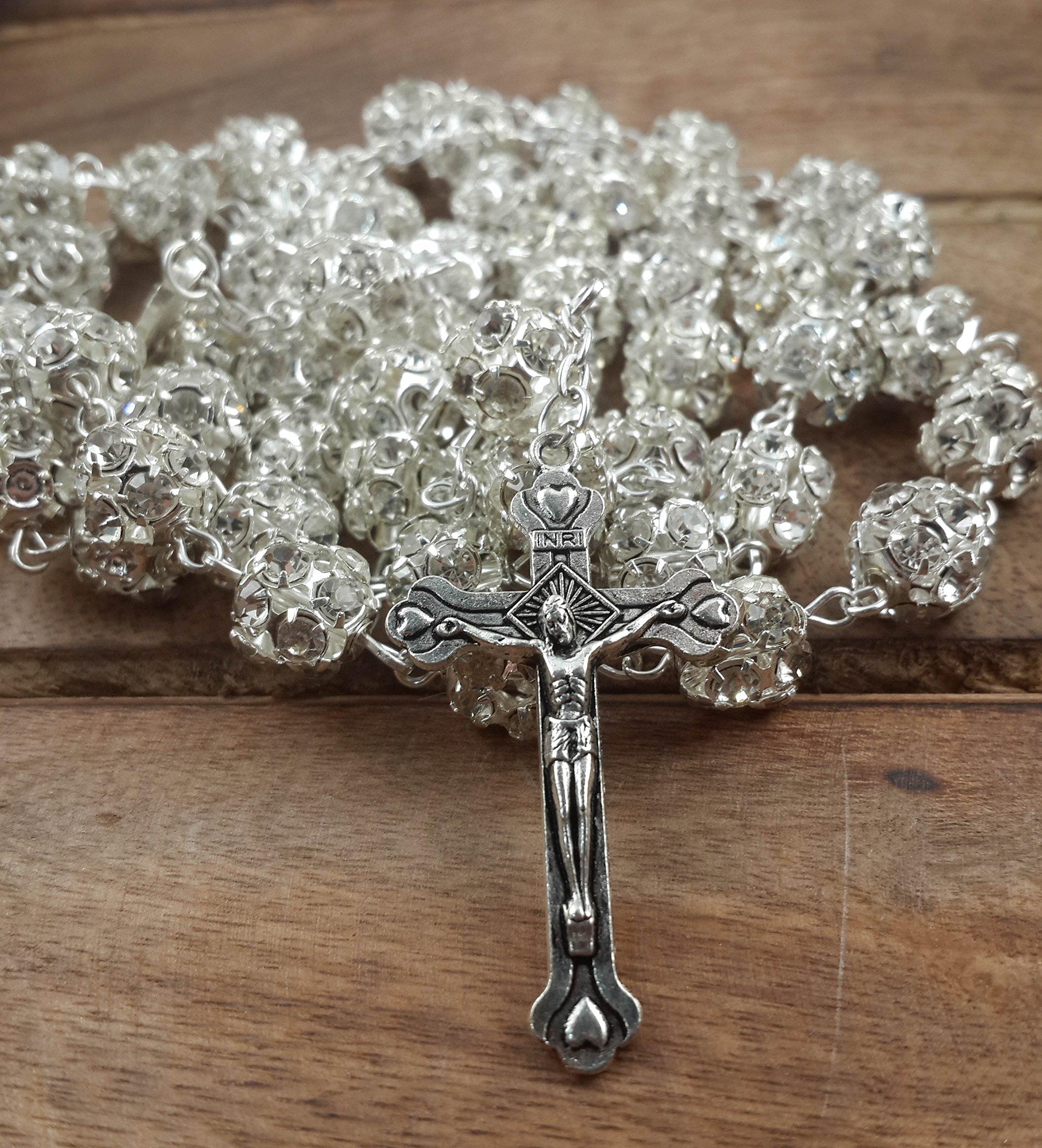 White Zircon Rosary Necklace with Miraculous Medal & Crucifix - Prayer & Gift
