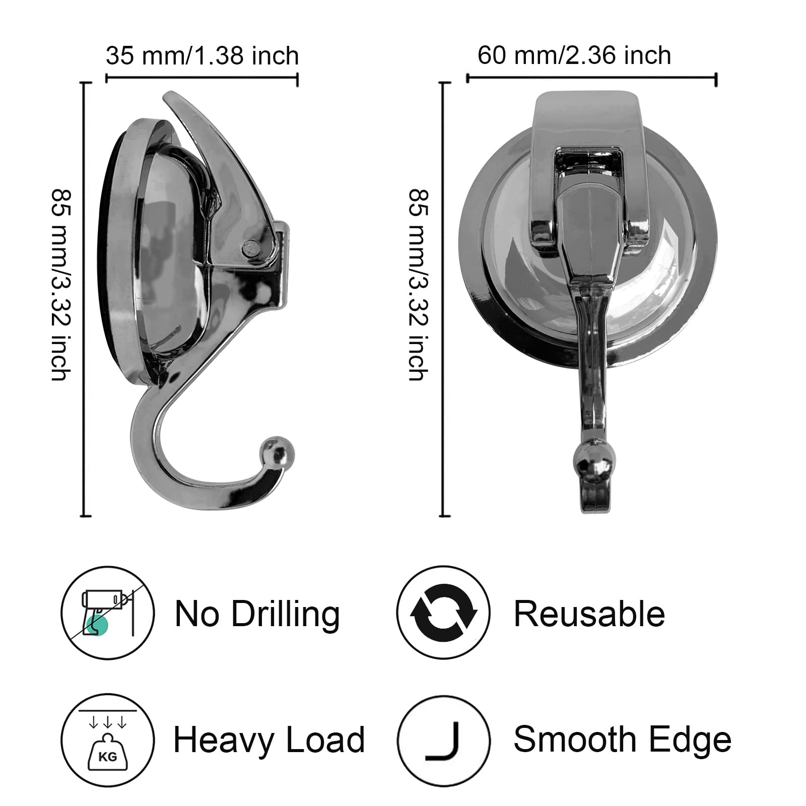 Heavy Duty Shower Suction Hooks - 2 Pack Silver Grey Vacuum Suction Cups for Towels, Robes & Decor, No Drill Glass Hooks for Bathroom, Kitchen, Pool - Reusable Strong Adhesive Hooks for Home & Outdoor Use
