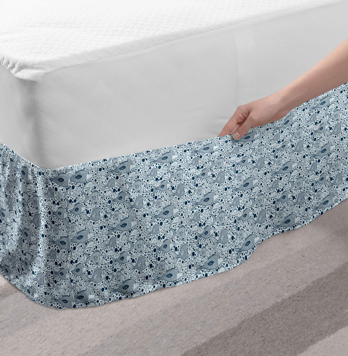Ambesonne Blue Bed Skirt with Fish & Bubbles Underwater Sea Life Design - Elastic Dust Ruffle Wrap for Twin/Twin XL Beds - Funky Ocean Art Bedding Decor - Perfect for Kids' Rooms & Coastal Themed Bedrooms
