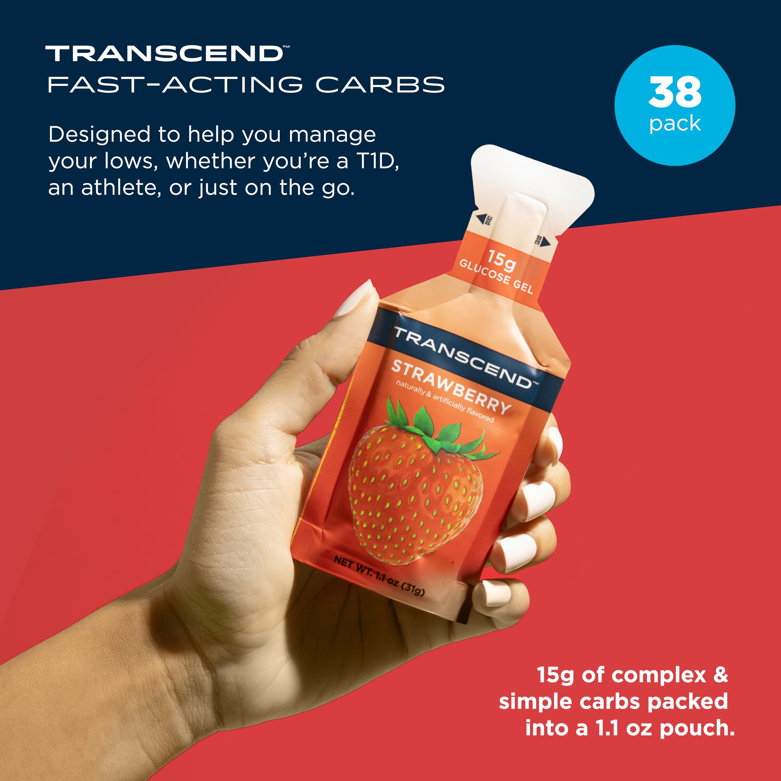 Transcend Foods Strawberry Energy Gel (1.1 oz, Pack of 38) - Fast-Acting Carbohydrate Fuel for Runners, Cyclists & Athletes - Caffeine Free, Gluten Free, Vegan - Perfect for Marathon Training & Endurance Sports
