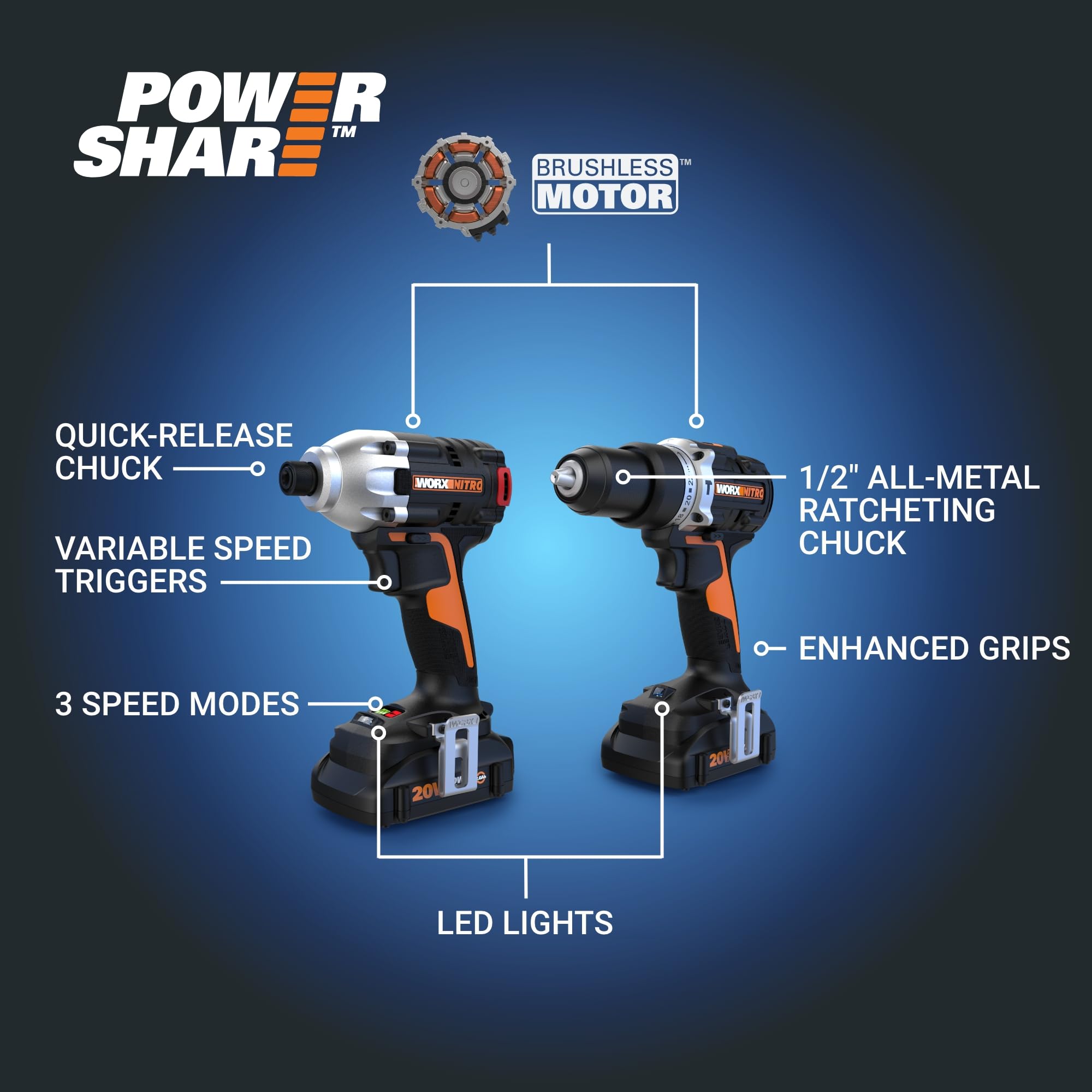 Worx Nitro 20V Brushless Cordless Drill and Impact Driver Combo Kit - WX971L (1/2