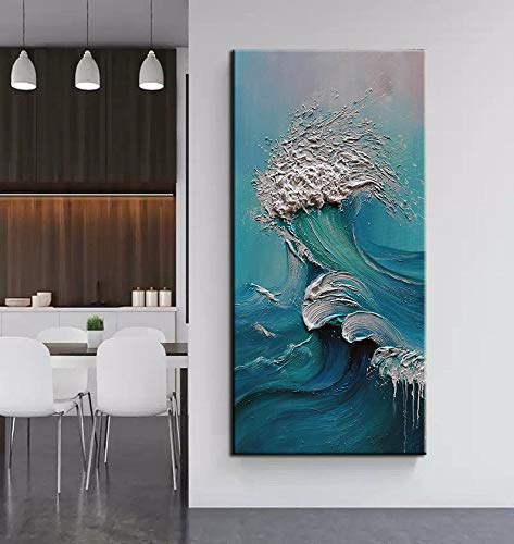 YaSheng Art - Hand-Painted Abstract Ocean Oil Painting on Canvas, Blue Seascape Wall Art, 24x48 Inch - Perfect for Living Room, Bedroom & Office Decor