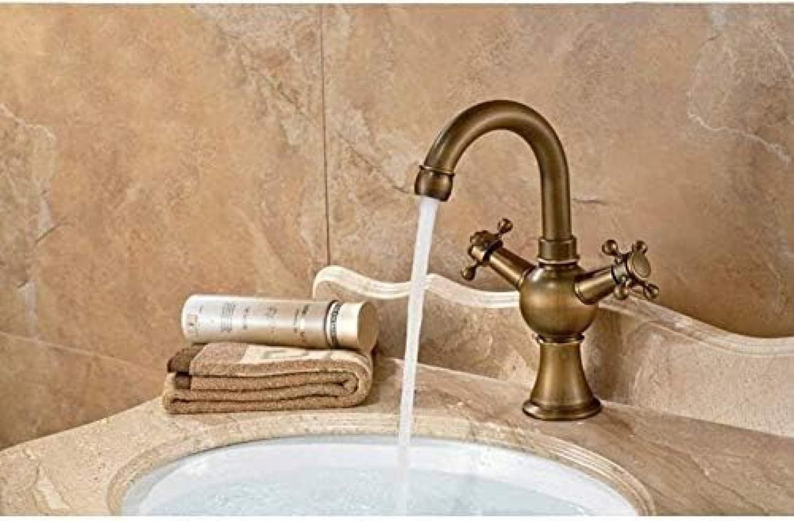 CRJUS Antique Brass Double Handle Kitchen Faucet - Ceramic Disc Spool Vintage Sink Mixer Tap for Farmhouse & Modern Kitchens | Perfect for Washing Dishes & Food Prep