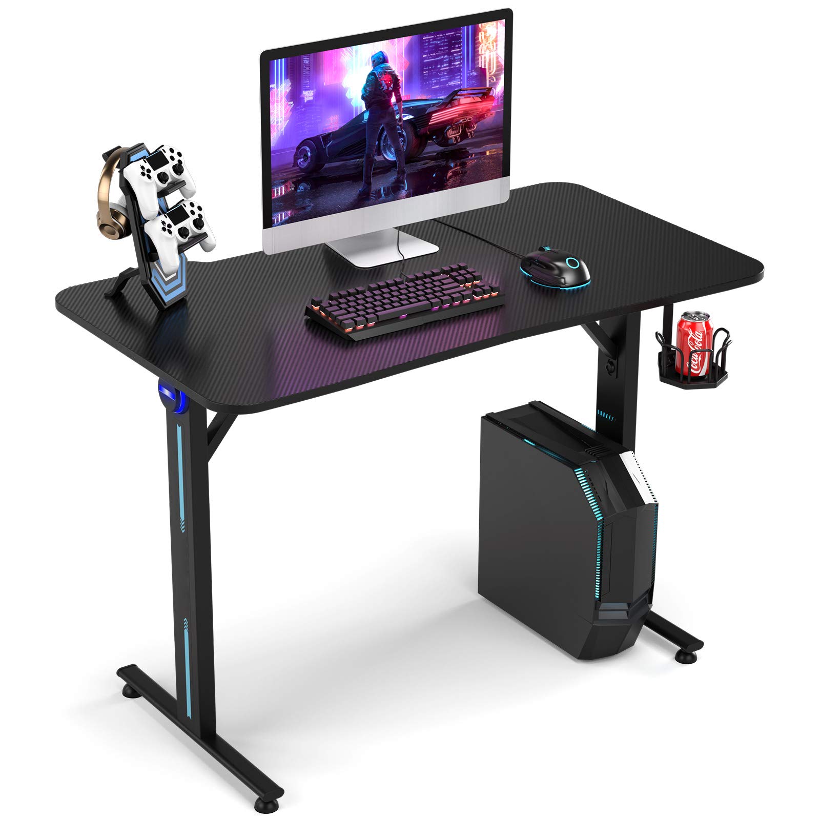 Tangkula Gaming Desk - T-Shaped Computer Desk with Controller Stand, Cup Holder & LED Lights | Ergonomic Carbon Fiber Surface for PC Gaming & Home Office Workstation (Black) | Perfect for Esports, Streaming & Remote Work Setup