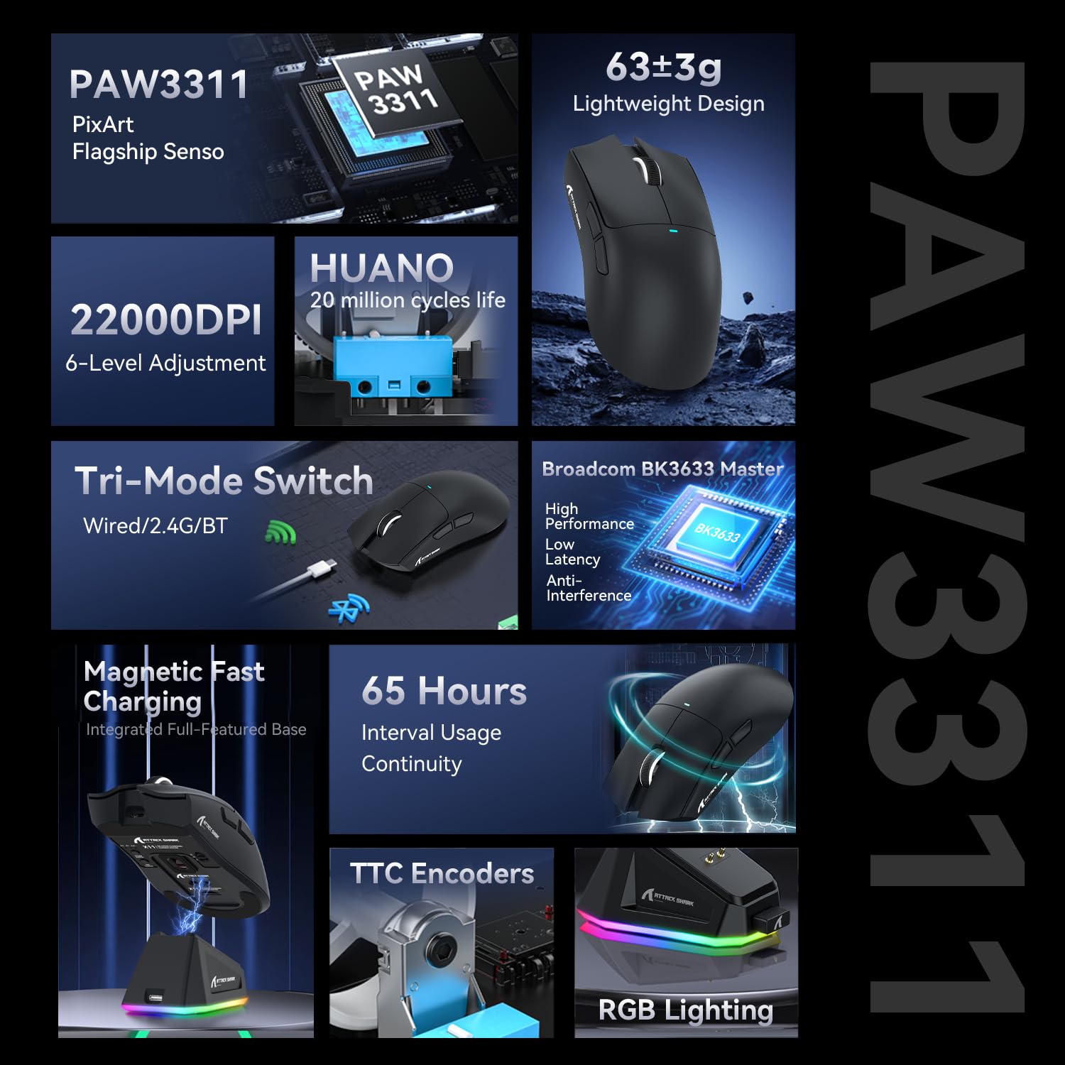 Attack Shark X11 Wireless Gaming Mouse with Magnetic Charging Dock - 22000 DPI, PAW3311 Sensor, BT/2.4G/Wired Modes - Compatible with Win11/Xbox/PS/Mac - Perfect for FPS, MOBA & Office Work (Black)