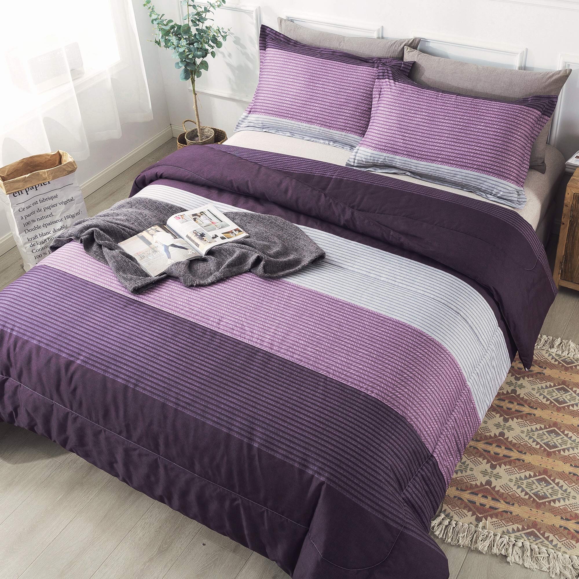 Andency Purple and Gray Striped Comforter Set - Twin Size 66x90 Inches, 2-Piece Soft Microfiber Down Alternative Bedding with Corner Loops - Perfect for Kids' Rooms, Dormitories & Cozy Bedroom Decor