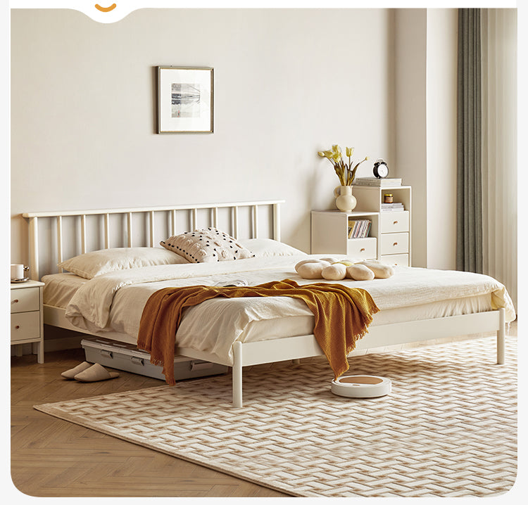 Solid Pine Wood Bed - Nordic Light Luxury White Bed Frame for Master Bedroom, Guest Room & Modern Home Decor