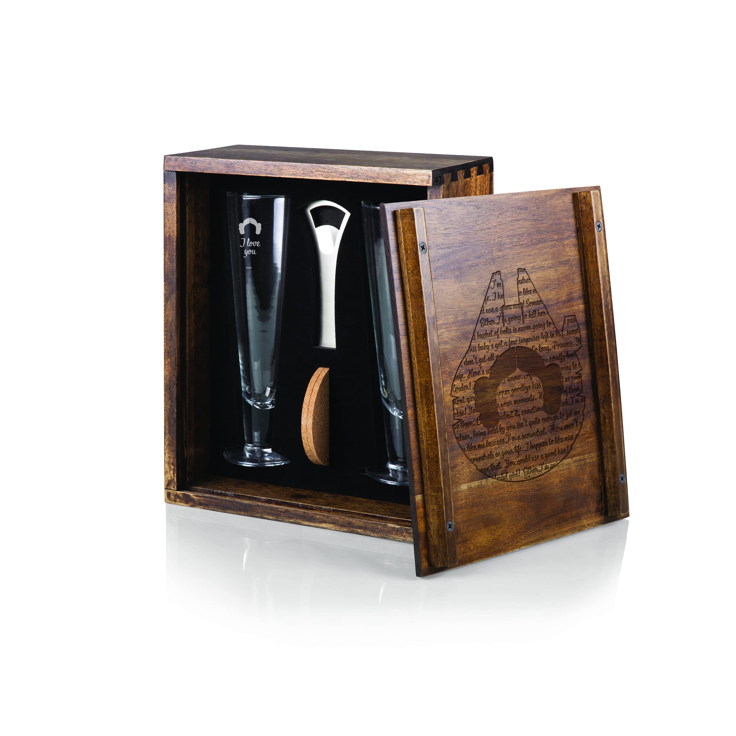 Star Wars Han and Leia Drinking Glasses Gift Set - Acacia Wood - Perfect for Movie Nights, Themed Parties & Collectors - Unique Star Wars Gifts for Fans