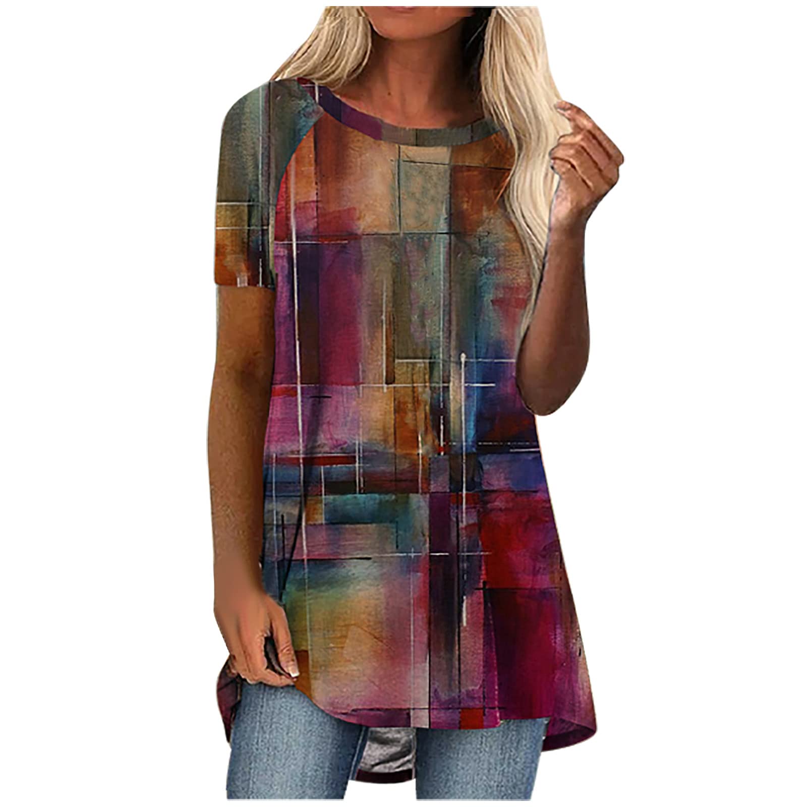 Vintage Print Women's Summer Tops - Trendy Short Sleeve Tunic Blouse, Soft Flowy Crew Neck T-Shirt for Casual Wear, Beach Outfits & Daily Fashion
