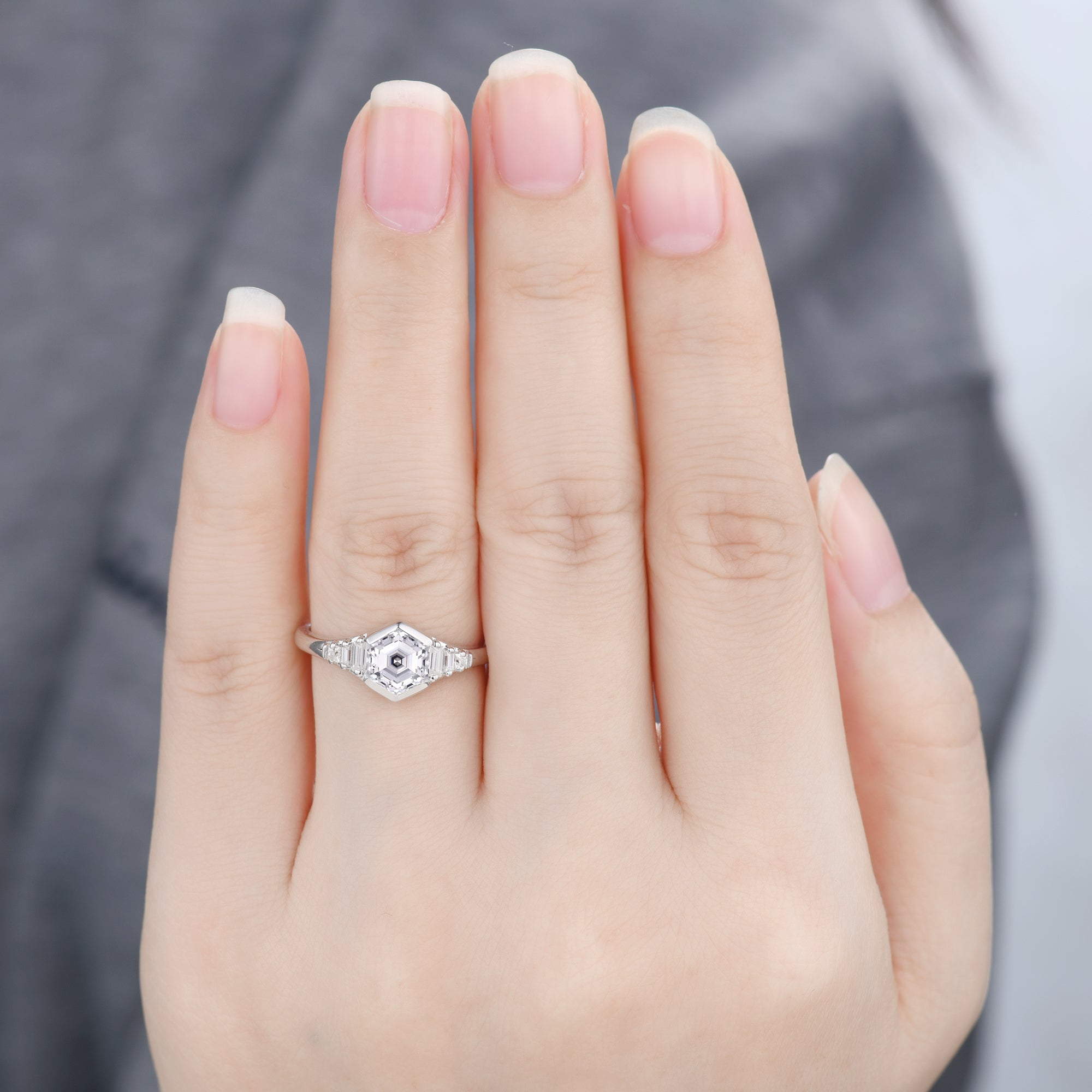 Vintage Inspired Hexagon Moissanite Engagement Ring in 14K White Gold with Unique Bezel Setting - Perfect for Proposals, Anniversaries & Special Occasions