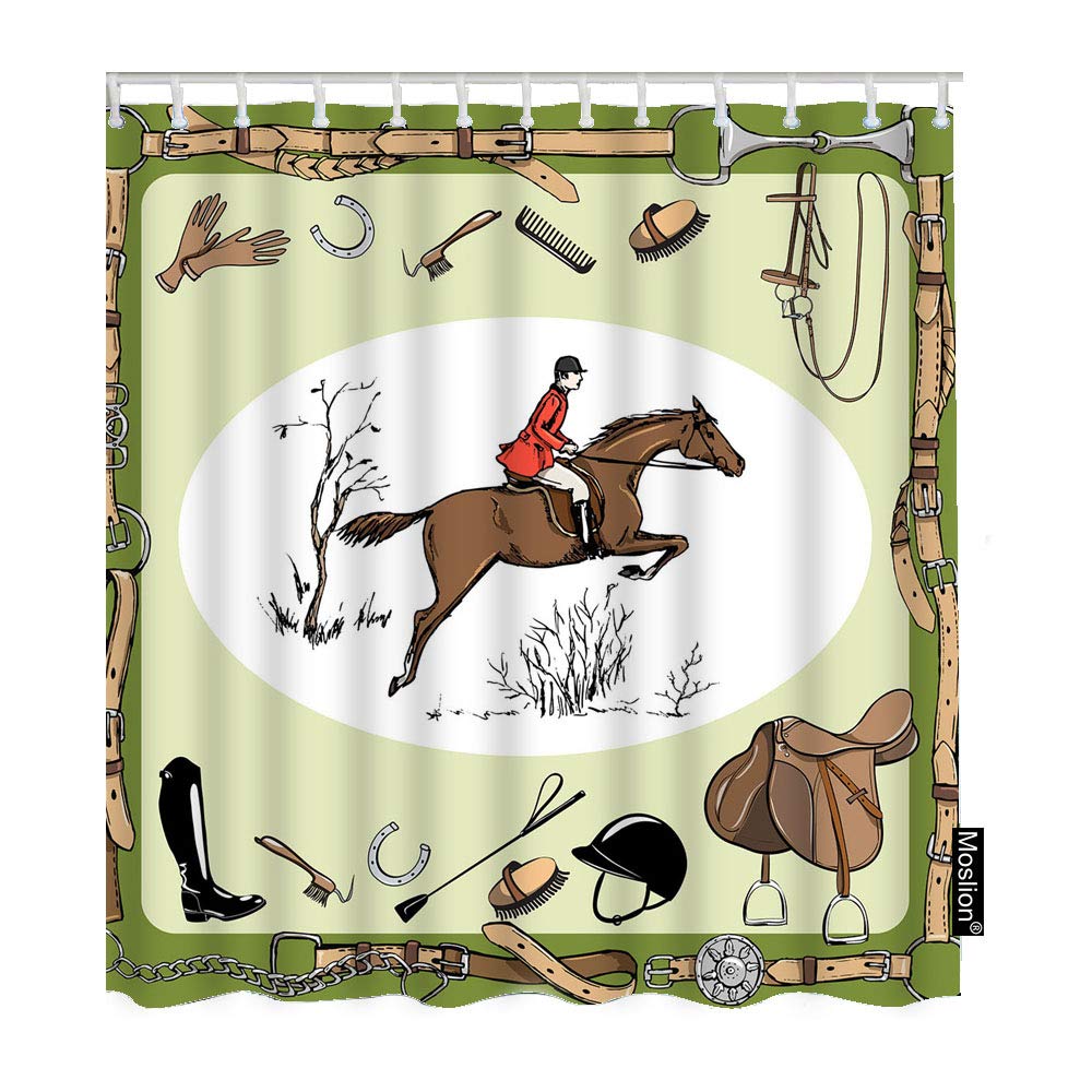 Equestrian Horse Rider England Steeplechase Farmhouse Shower Curtain Set - 60x72 Inch Polyester Fabric with Hooks for Bathroom Decor | Perfect for Country Style, Equestrian Themed, and Farmhouse Inspired Bathrooms
