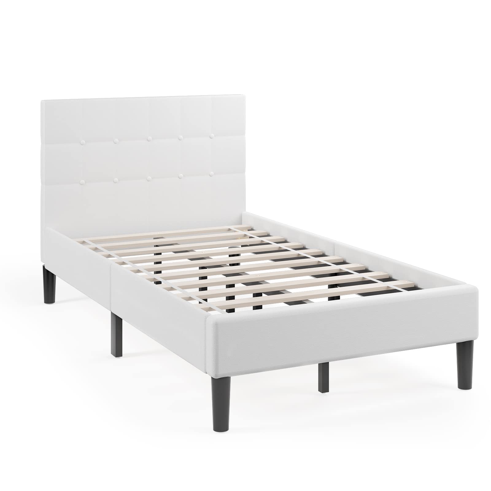 Giantex Twin Upholstered Platform Bed Frame with Button Tufted Headboard - Wood Slat Support Mattress Foundation & Sponge Stuffed Backrest - Beige Bed Base for Small Bedrooms, Guest Rooms & Dormitories