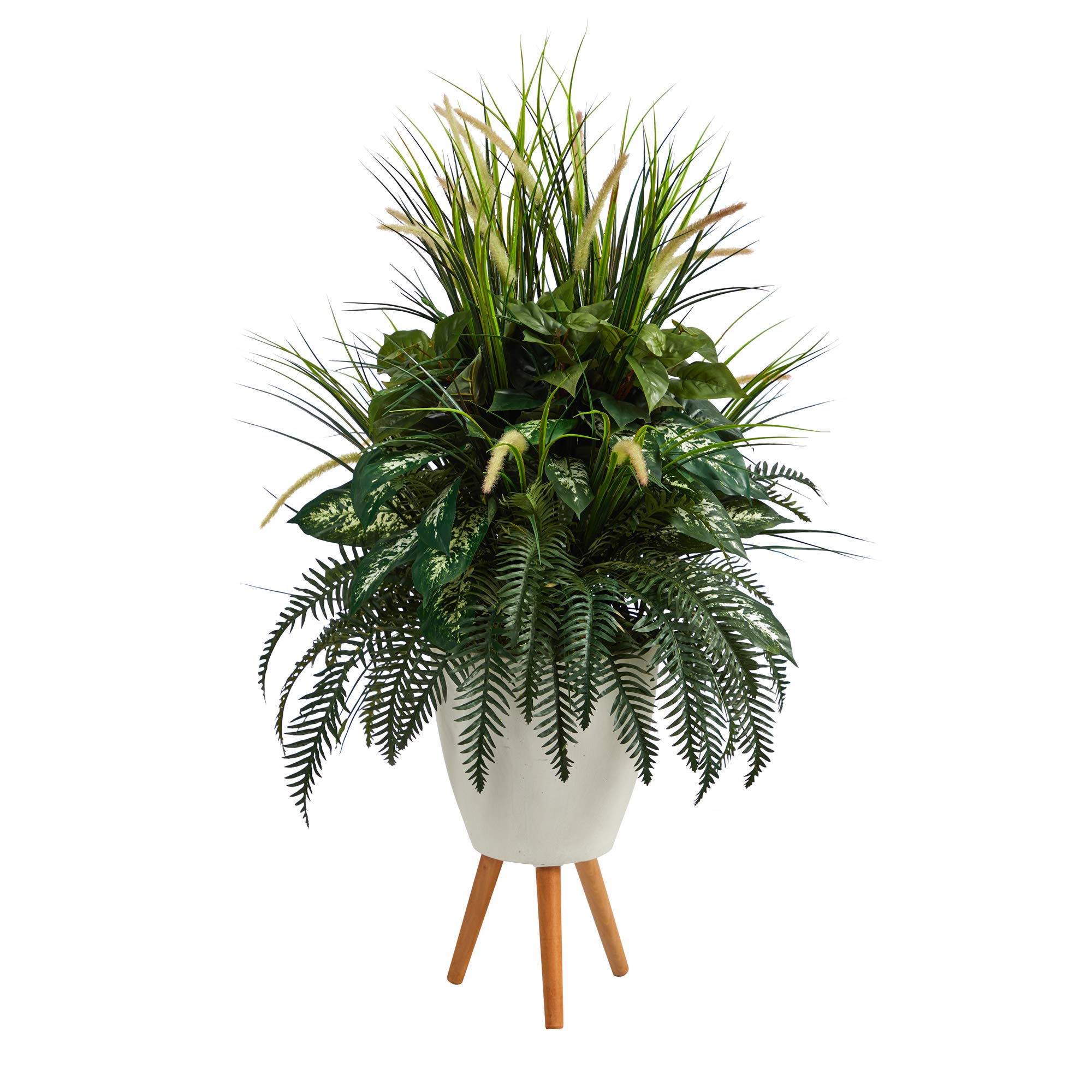 Nearly Natural 4.5ft Mixed Greens Artificial Faux Plant in White Planter with Legs - Perfect for Home Office Decor, Living Room, and Indoor Spaces