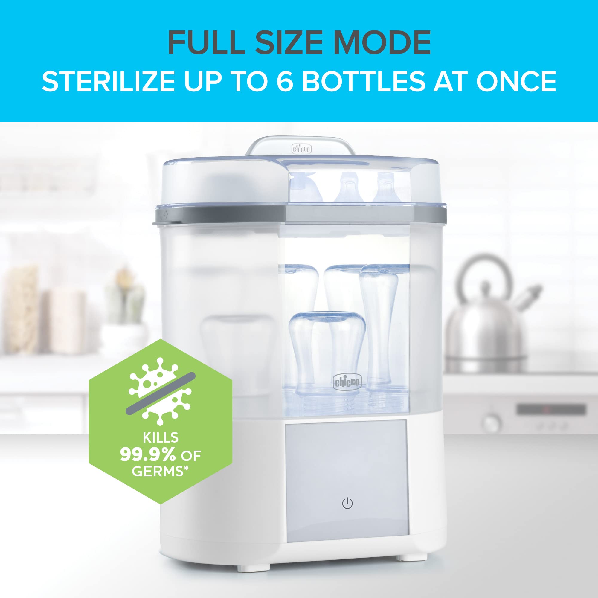 Chicco Advanced Electric Baby Bottle Sterilizer & Dryer - 99.9% Germ Elimination, 4 Programs, 2 Configurations | Automatic Shut-Off | Perfect for Nursery, Daycare & Travel | Fast Sterilization for Bottles, Pacifiers & Breast Pump Parts