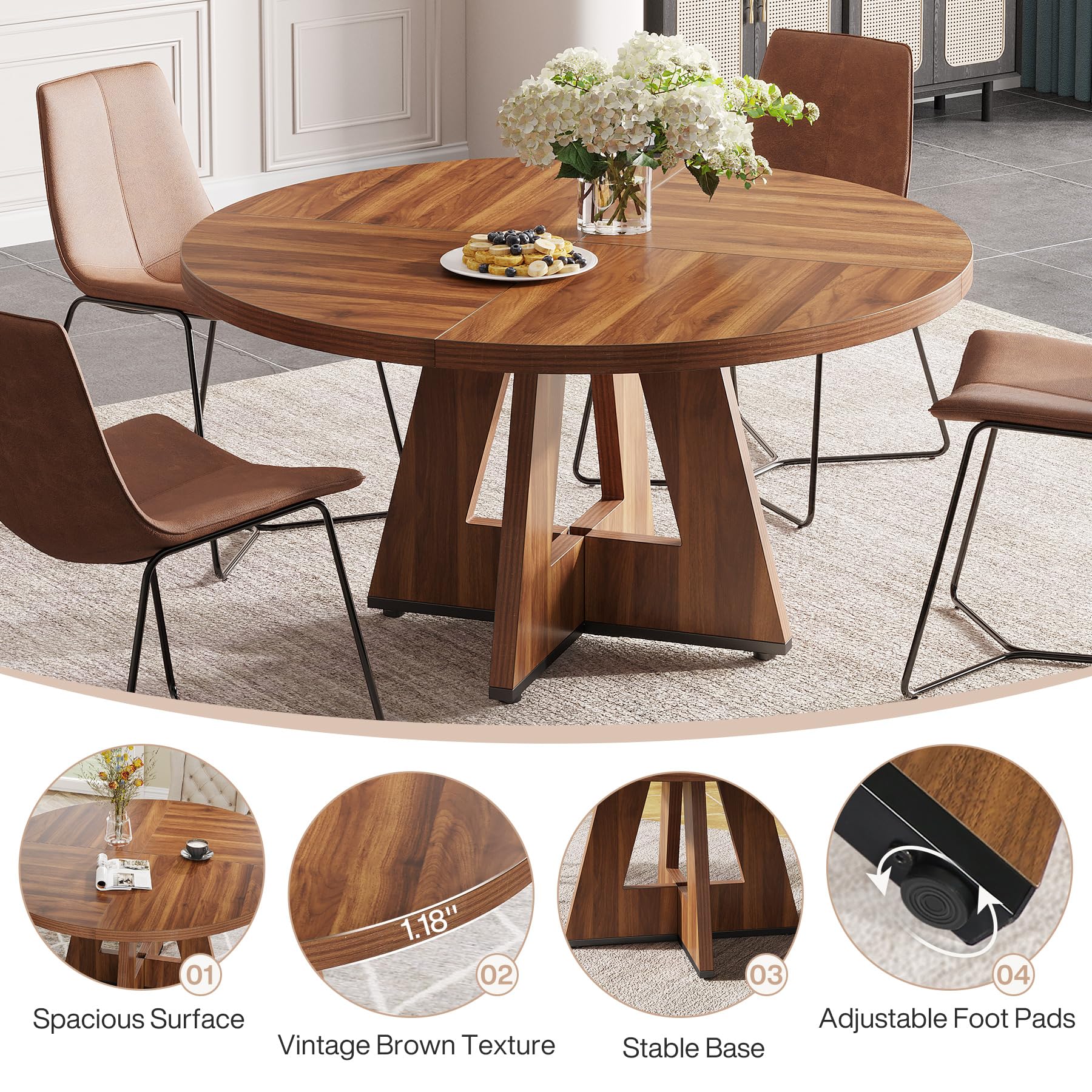 Tribesigns 47 Inch Round Farmhouse Dining Table - Rustic Brown Wooden Dinner Table for 4, Perfect for Home Dining Room & Living Room | Durable Walnut Finish for Family Gatherings & Entertaining Guests