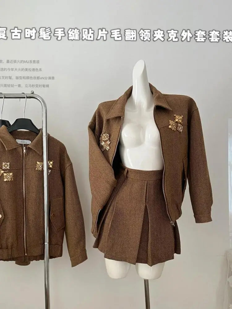 Women's Retro Two-Piece Set - Brown Diamond Long Sleeve Lapel Zipper Coat & High Waist Pleated Mini Skirt | Fall Winter Fashion Outfit for Parties, Dating & Office Wear
