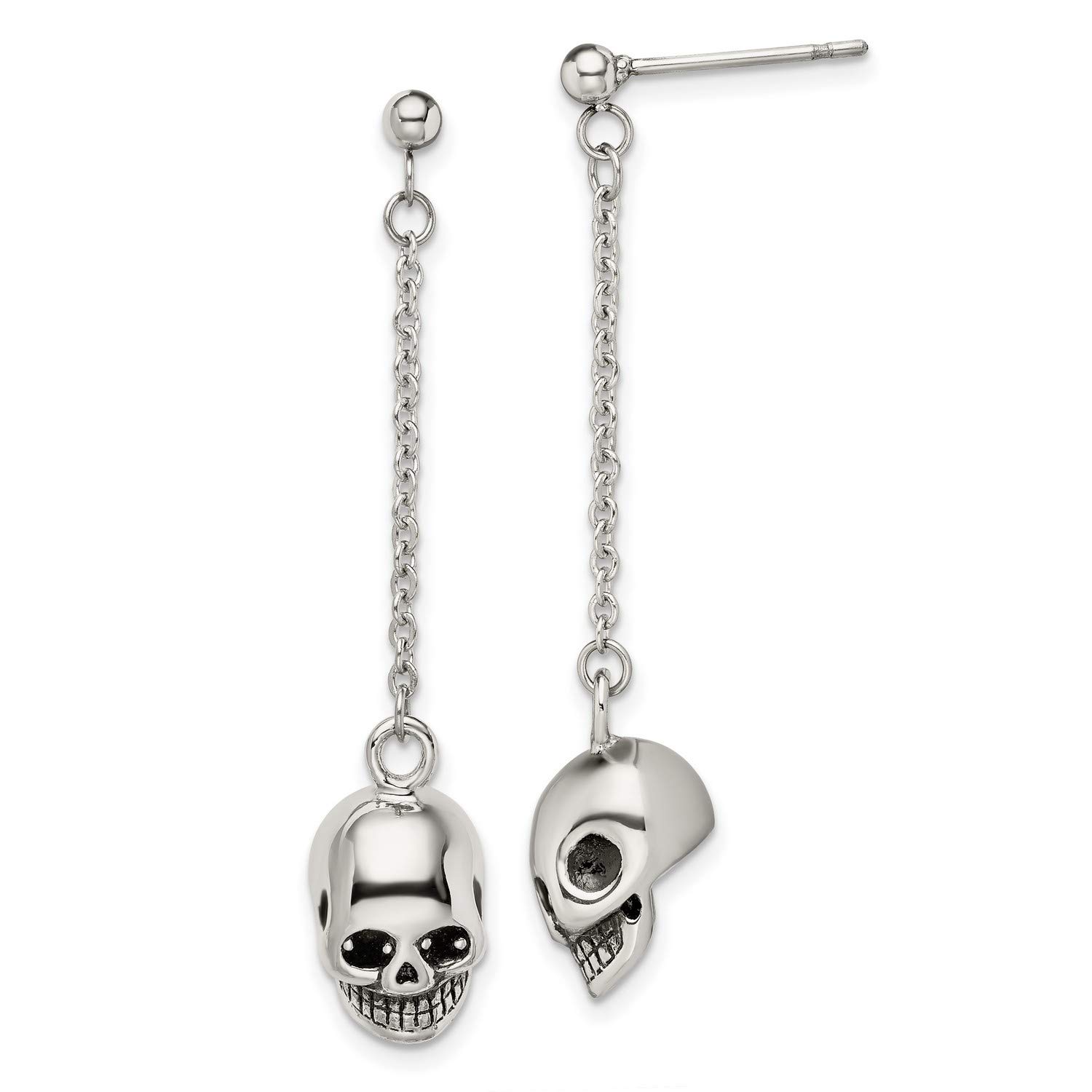 Vintage Skull Dangle Earrings - Stainless Steel Polished & Antiqued Gothic Jewelry for Women - Perfect for Halloween, Punk Fashion, and Gothic Style Outfits