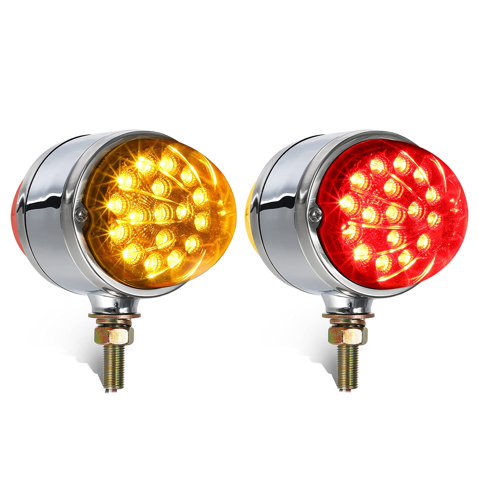 Partsam 2Pcs Amber/Red 17 LED DOT Approved Dual Revolution Watermelon Lights - Plastic Chrome Double Face Auxiliary Lights for Semi Trucks, Pedestal & Turn Signal Lights - Ideal for Night Driving & Enhanced Road Safety