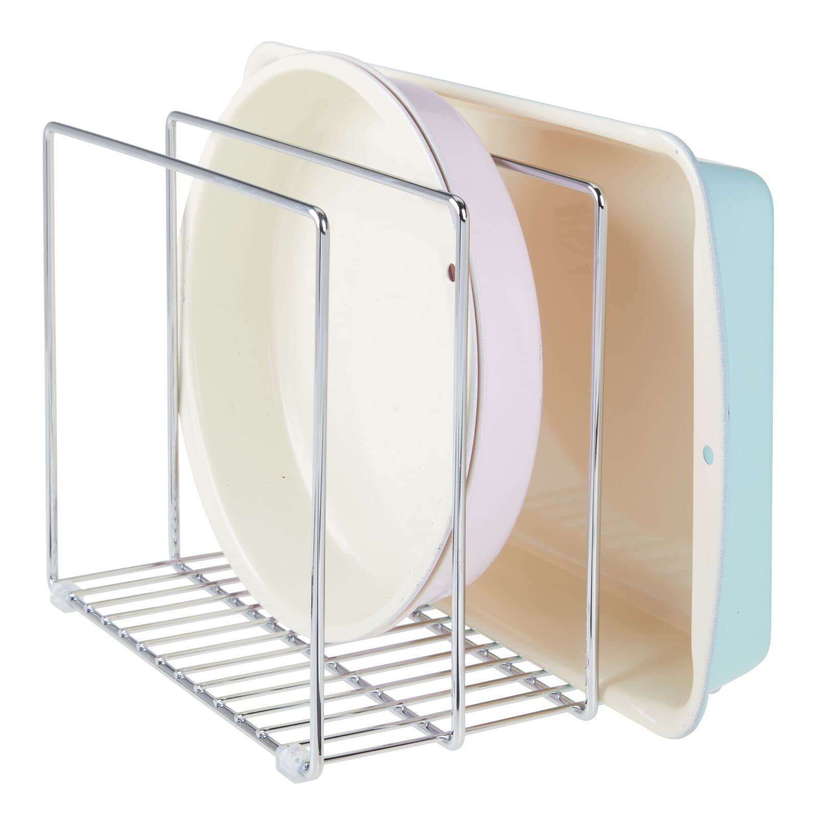 mDesign Steel Kitchen Cabinet Organizer - 3-Slot Storage Tray for Skillets, Frying Pans, Pot Lids, Cutting Boards & Baking Sheets | Concerto Collection Chrome | Space-Saving Cabinet & Pantry Organization Solution