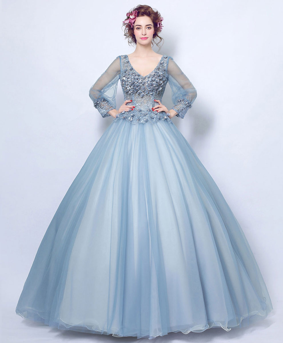 Elegant Blue V-Neck Tulle Lace Long Prom Dress | Formal Evening Gown for Homecoming, Wedding, Party | Perfect for Prom Night & Special Occasions