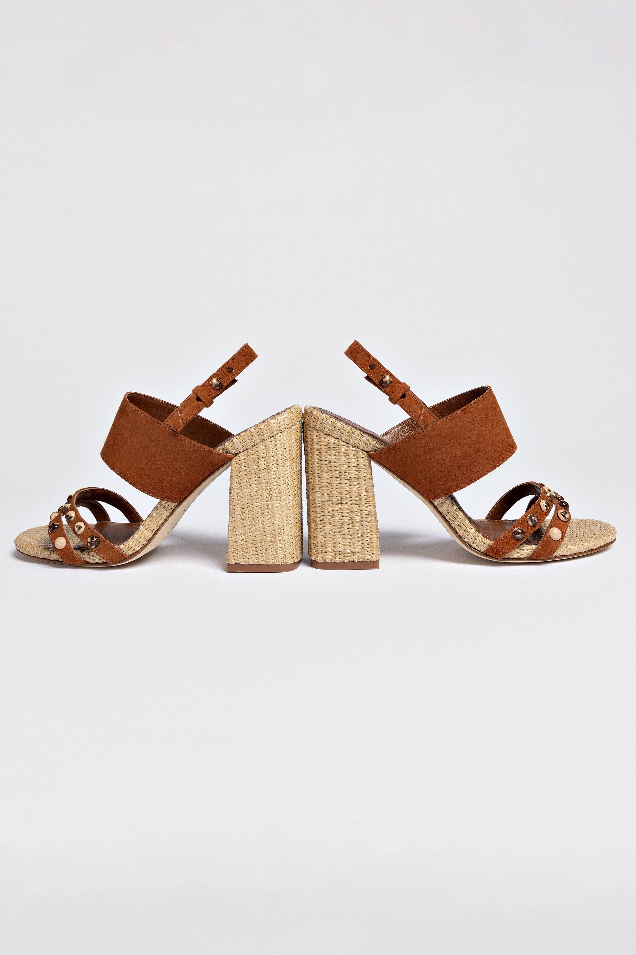 Chloe Gosselin by Larroudé Margot Women's Sandals - Chestnut Suede & Natural Raffia Strappy Heels | Perfect for Summer Weddings, Beach Vacations & Boho Chic Outfits