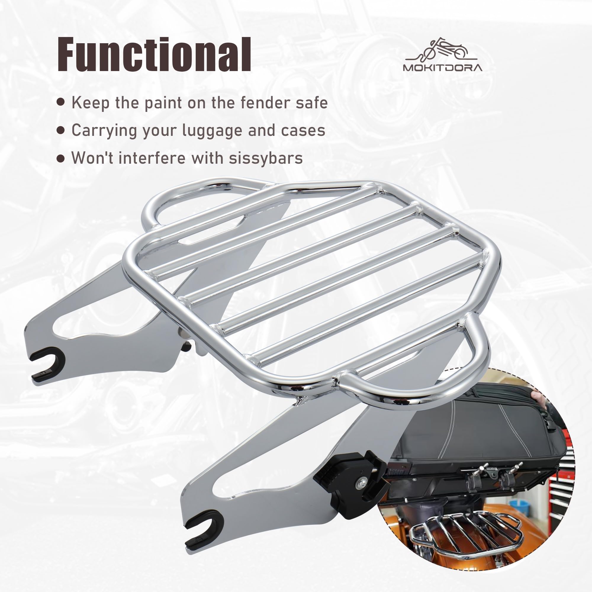 Detachable Two-Up Luggage Rack for Harley Touring Road King Road Glide Street Glide Electra Glide 2009 & Newer Models - Chrome Finish | Perfect for Long-Distance Motorcycle Trips & Touring Accessories