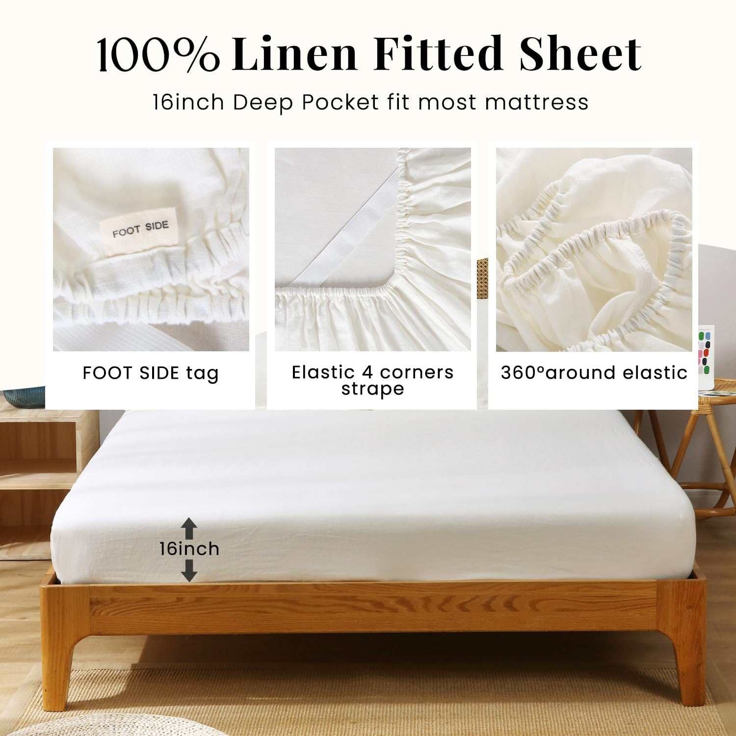 100% Organic French Linen Sheets Set - Queen Size Stone Washed Flax Bedding in Creamy White | Ultra Soft & Breathable | Perfect for Luxury Bedrooms, Guest Rooms & Eco-Friendly Homes